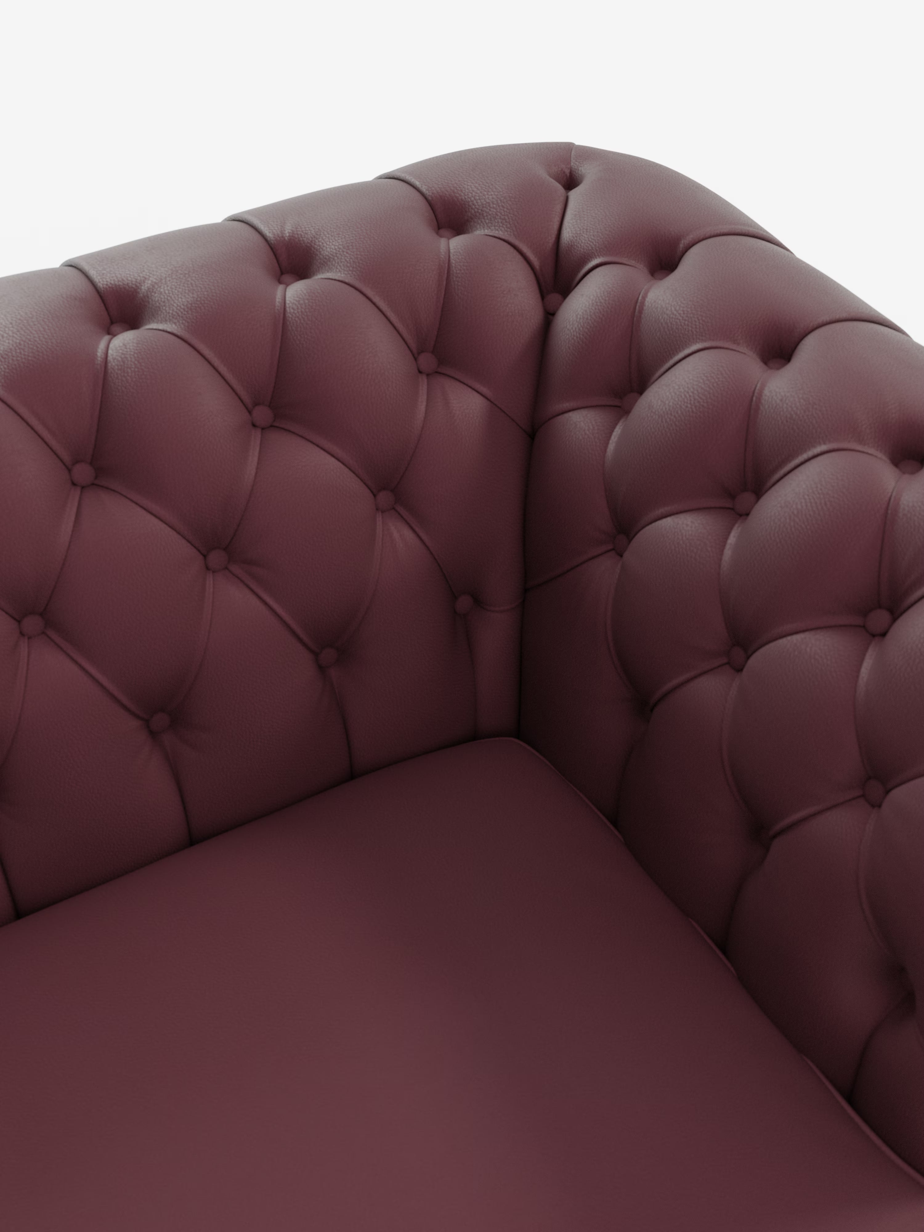 Primo piano dell'angolo del divano Chester – Divano Chesterfield in vera pelle spessorata a 2 e 3 posti di Divani.Store, caratterizzato da vera pelle marrone scuro trapuntata con bottoni profondi e imbottitura morbida. Il rivestimento liscio e lussuoso trasuda la classica eleganza italiana, mentre lo sfondo bianco a tinta unita mette in risalto la ricca trama del divano e la maestria artigianale.