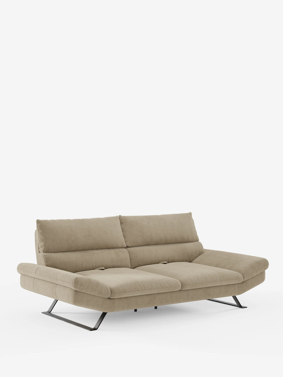 Il divano Eclipse dal design moderno di Divani.Store è un divano a due posti color beige chiaro con gambe alte e angolate in metallo nero, caratterizzato da un elegante rivestimento in microfibra antimacchia (T11). Presenta cuscini di seduta trapuntati e due schienali separati con schienali traslanti per un comfort personalizzabile. Presentato su uno sfondo bianco a tinta unita, questo divano moderno offre una seduta morbida e avvolgente e un’inclinazione leggermente reclinata per un maggiore relax.