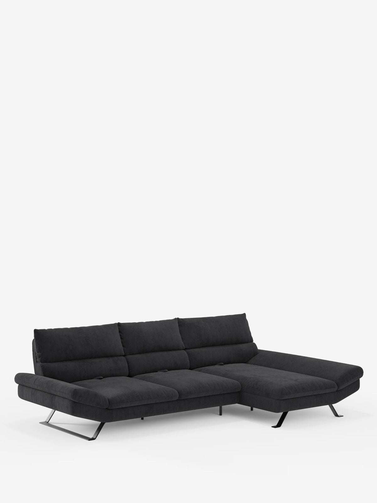 Scopri il comfort moderno con il divano angolare Eclipse con penisola e schienali traslanti in microfibra tecnica smacchiabile T11 di Divani.Store. Questo elegante divano componibile grigio scuro è dotato di morbidi cuscini, schienali traslanti regolabili e una chaise longue sul lato destro. Le sottili gambe in metallo inclinate verso l’esterno ne esaltano il design contemporaneo, il tutto su uno sfondo bianco a tinta unita.