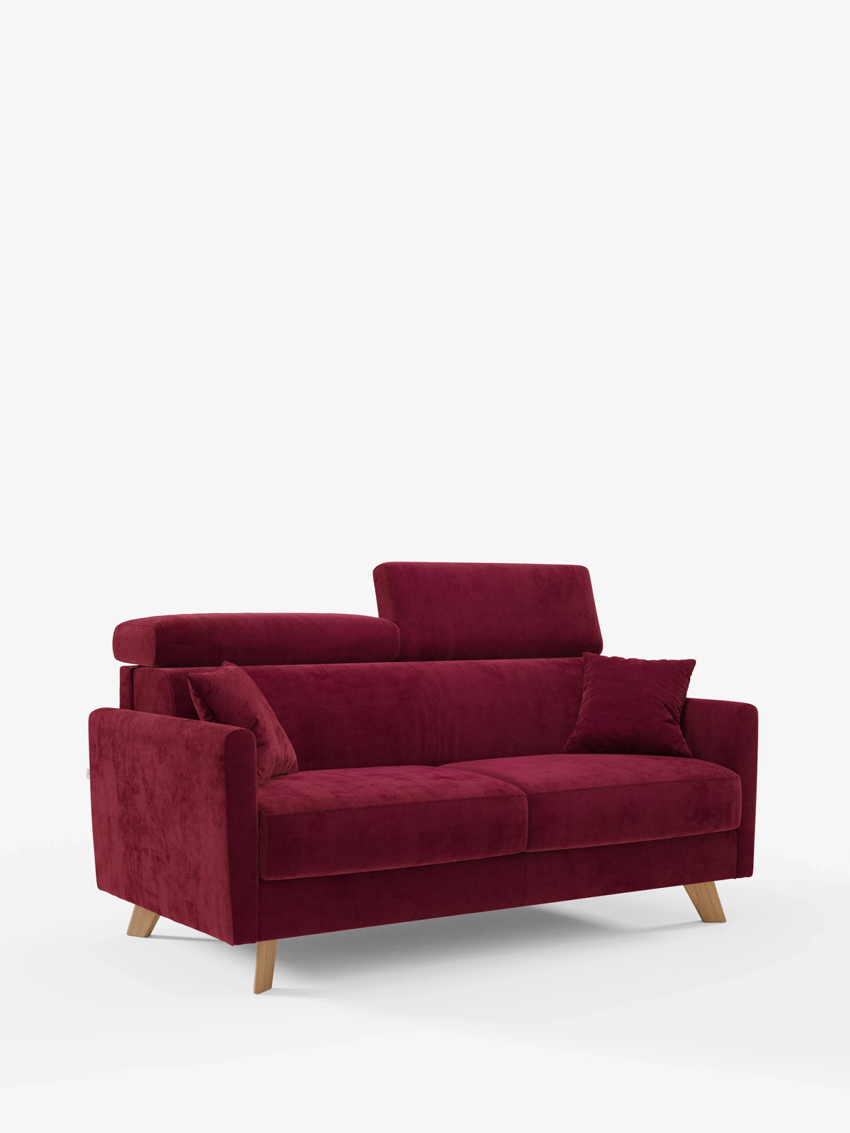 Vi presentiamo il divano letto Francy di Divani.Store: un divano a tre posti dal design slanciato e contemporaneo, rivestito in elegante tessuto T30 resistente alle macchie. Questo complemento d'arredo moderno presenta un lussuoso rivestimento effetto velluto in rosso intenso, gambe angolate in legno, un poggiatesta regolabile sul lato sinistro e un cuscino coordinato sul lato destro. I rivestimenti completamente sfoderabili ne facilitano la manutenzione, mentre lo sfondo bianco a tinta unita mette in