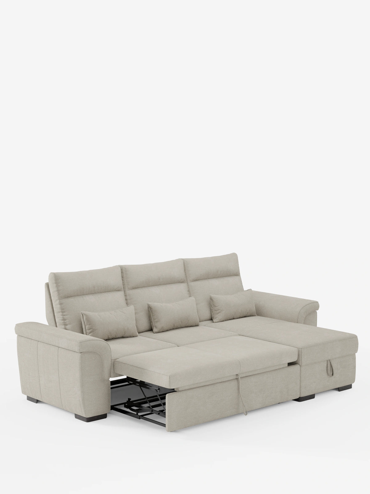 Viene presentato un divano letto angolare Ischia color beige chiaro, dotato di schienali regolabili, elemento estraibile e penisola contenitore in tessuto antimacchia misto lino, con la sua sezione estraibile, gli schienali regolabili, i tre cuscini e la penisola contenitore.