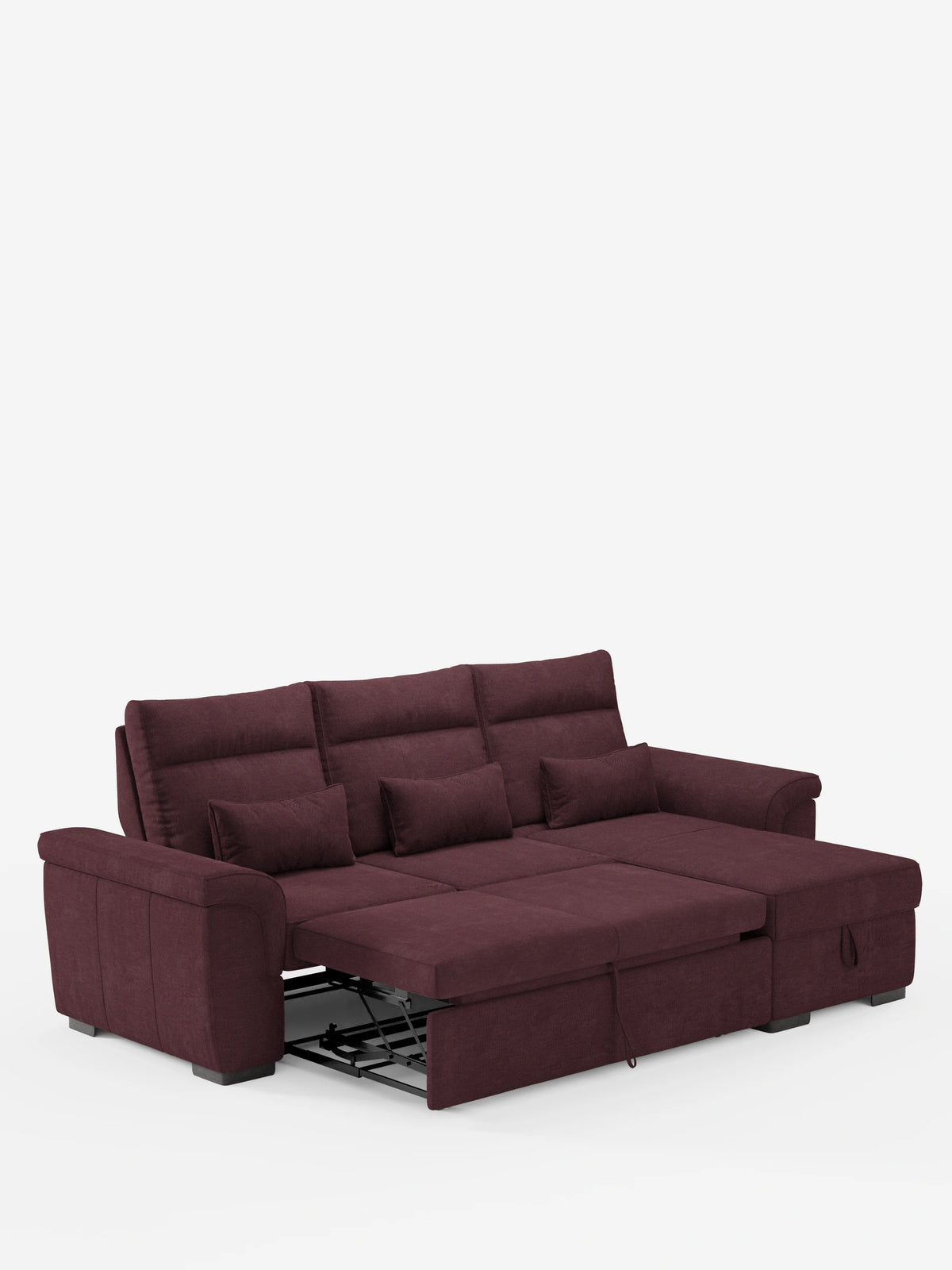 Un divano letto angolare Ischia color bordeaux scuro con schienali scorrevoli, elemento estraibile e penisola contenitore in tessuto smacchiabile misto lino, dotato di letto estraibile, tre cuscini dello schienale, due cuscini decorativi e una chaise longue contenitore.