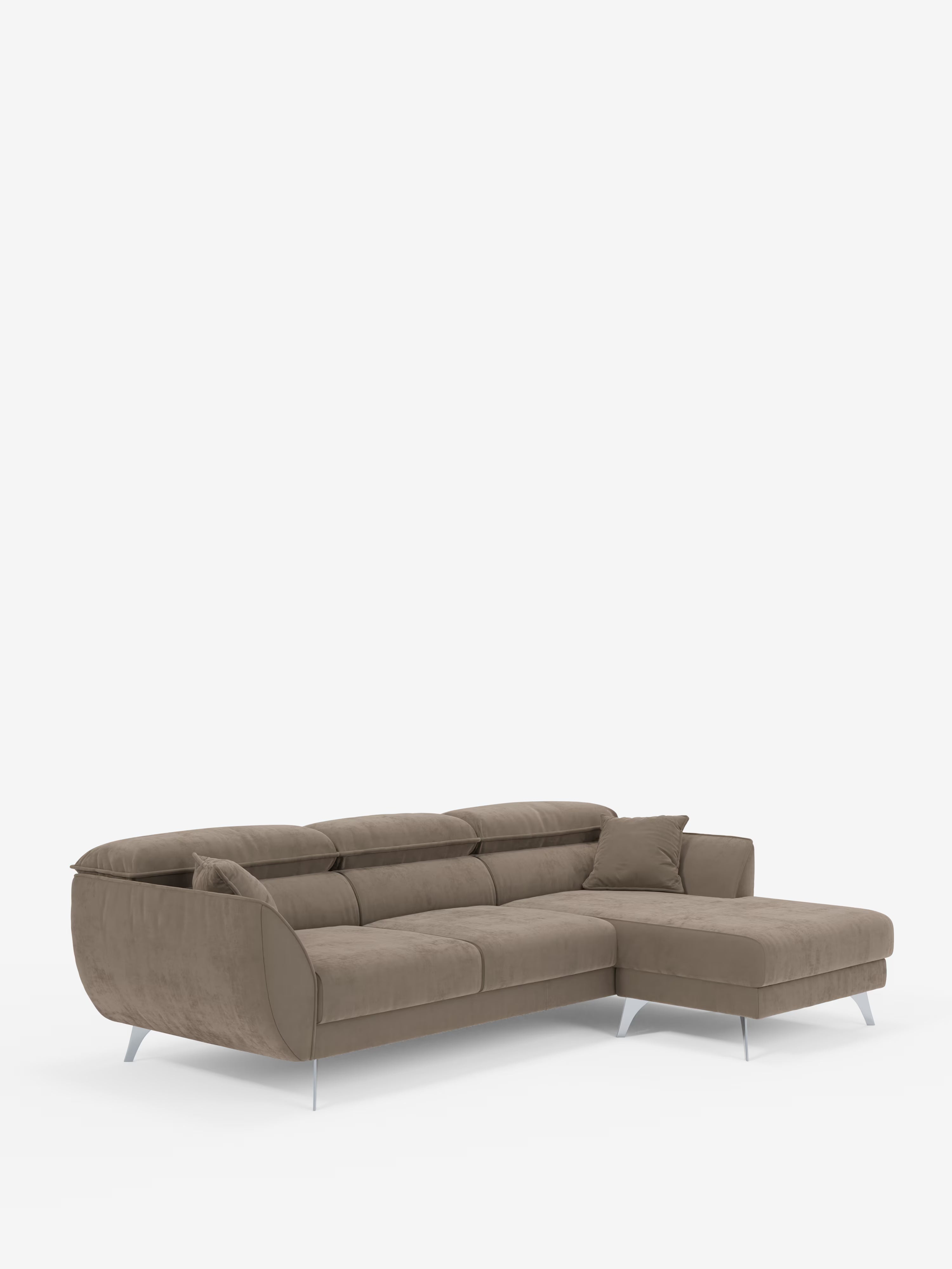 Michelangelo Ecksofa mit Chaise Longue und verschiebbaren Sitzen - verstellbaren Kopfstützen aus raffiniertem, fleckenabweisendem Stoff in Samtoptik T30