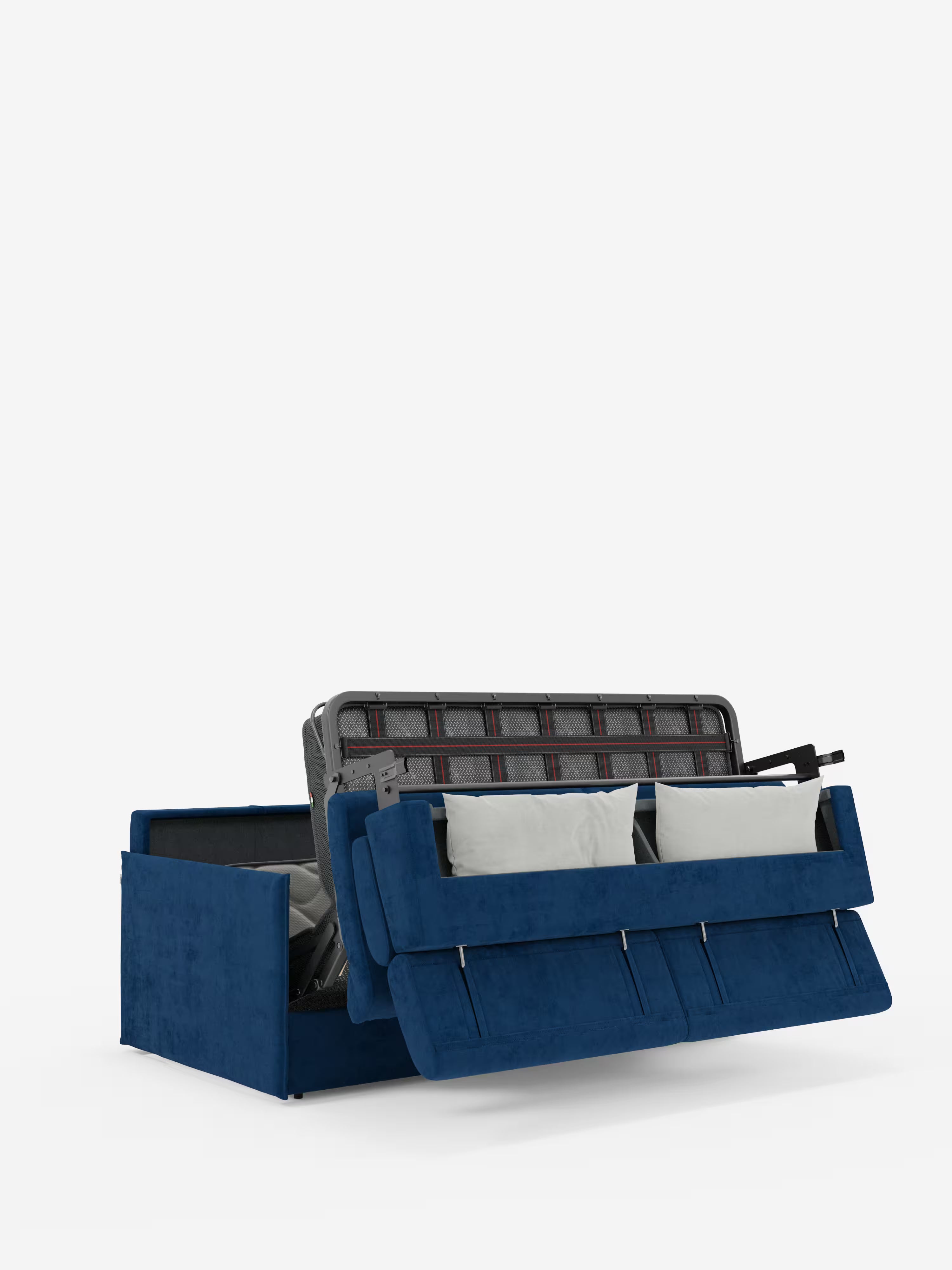 Il divano letto Miryam con poggiatesta reclinabili e comfort maxi di Divani.Store è raffigurato in questa immagine parzialmente aperto. Progettato in uno stile compatto, contemporaneo e minimalista, il divano imbottito blu è realizzato in tessuto T31 facile da pulire. I cuscini dello schienale e della seduta si inclinano in avanti per rivelare uno spazio di stivaggio nascosto e una struttura letto estraibile in metallo con due cuscini bianchi all’interno, il tutto su uno sfondo bianco a tinta unita.