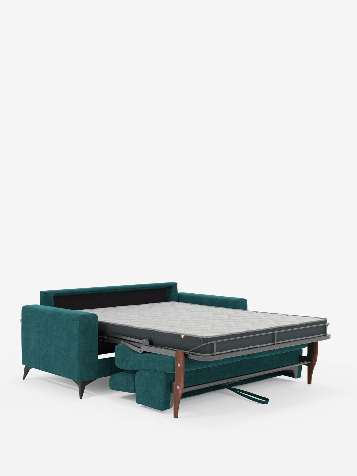 Un divano letto matrimoniale Pegaso color verde acqua di Divani.Store, rivestito in tessuto jacquard antimacchia T22 con poggiatesta regolabili, è raffigurato completamente aperto con il materasso estraibile sostenuto da gambe in legno su uno sfondo bianco a tinta unita. La struttura e il meccanismo a vista mettono in risalto la doppia funzionalità del modello Pegaso, che funge sia da seduta contemporanea che da comodo letto.
