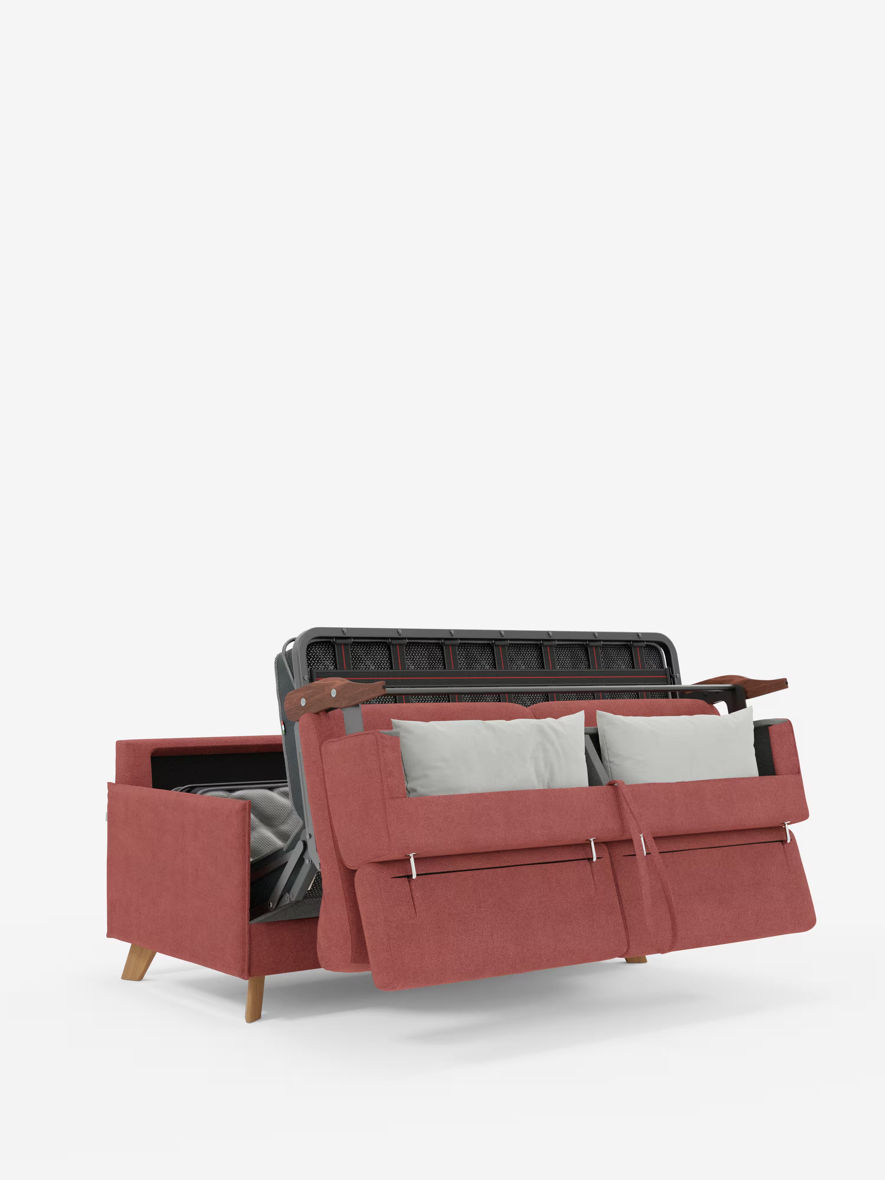 Vi presentiamo il divano letto matrimoniale Sole dal design compatto di Divani.Store: questo divano imbottito rosso presenta eleganti gambe in legno chiaro ed è dotato di due cuscini grigio chiaro. Raffigurato parzialmente aperto per mostrare il meccanismo a letto estraibile nascosto, il design compatto vanta linee pulite e un’estetica moderna in stile scandinavo. Il divano è dotato di poggiatesta reclinabili ed è rivestito al 100% con tessuto T23 antimacchia, su uno sfondo bianco a tinta unita.