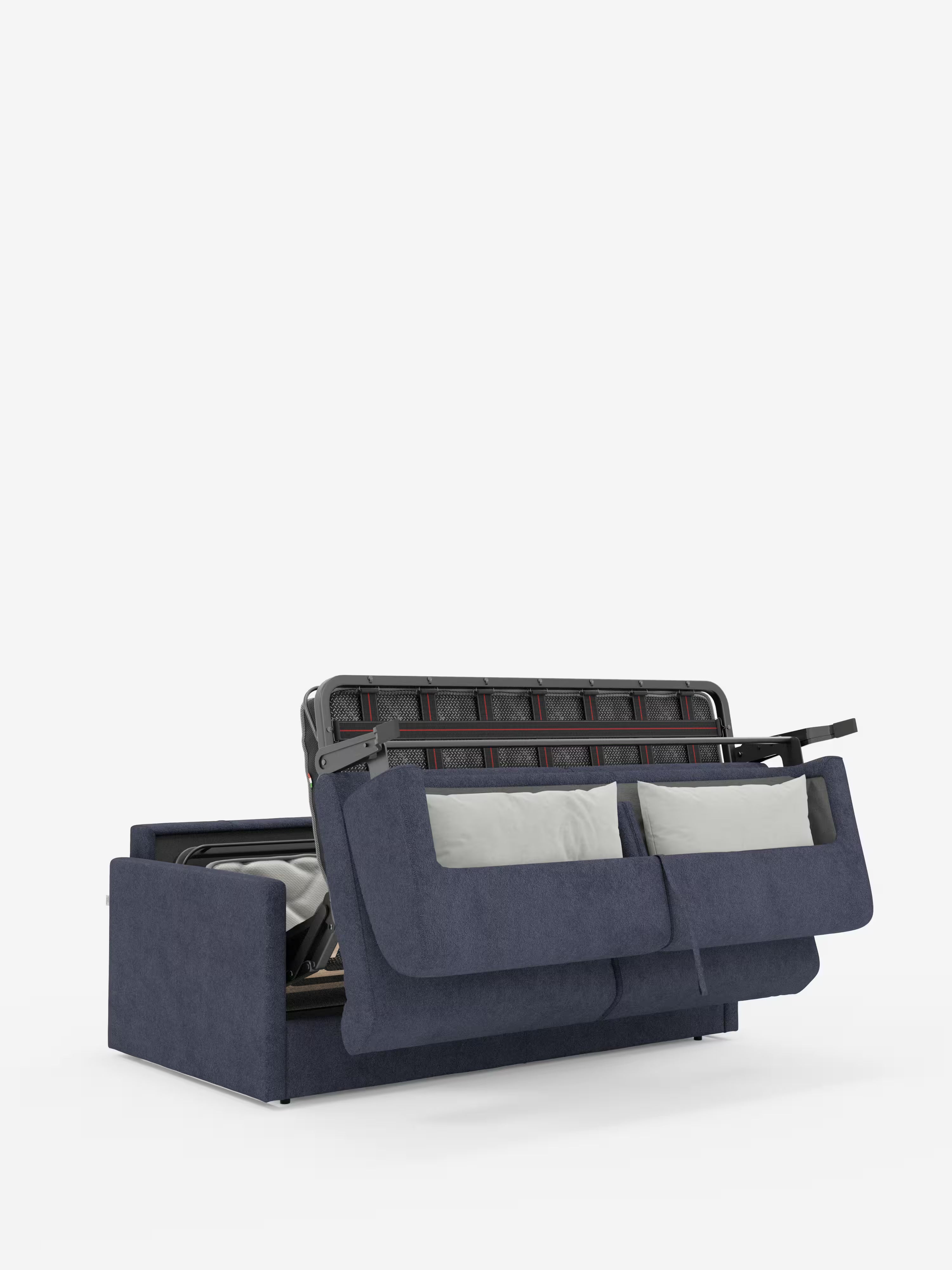 Un divano letto Tommy Divano a 2 e 3 posti matrimoniale di colore blu, disponibile su Divani.Store, rivestito in tessuto T33 simile al cotone, 100% sfoderabile e antimacchia, spicca su uno sfondo bianco a tinta unita. Lo schienale e la seduta sono sollevati per mostrare il meccanismo metallico del letto nascosto all’interno. Due cuscini grigio chiaro si adagiano contro lo schienale aperto, combinando perfettamente comfort e versatilità moderna in questo divano letto compatto.