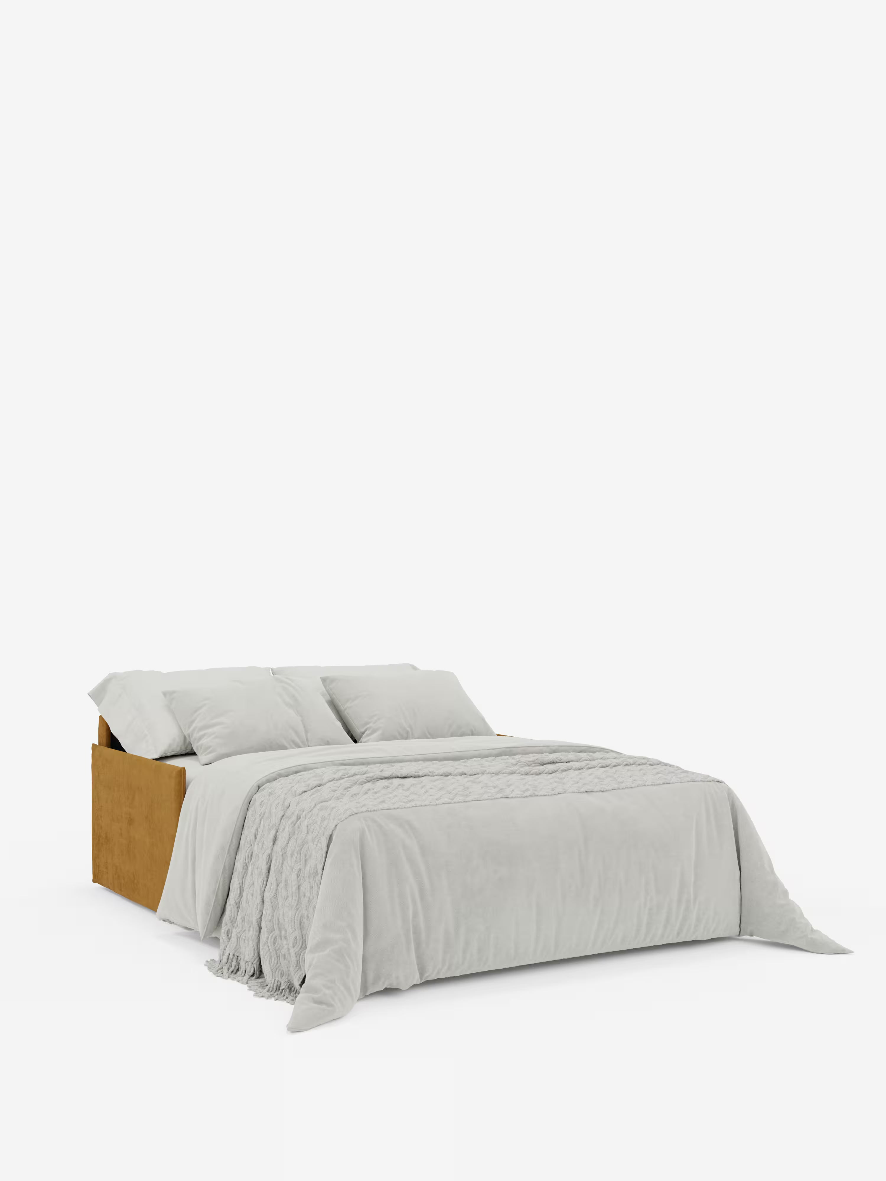 Il divano letto Miryam con poggiatesta reclinabili e comfort maxi di Divani.Store presenta un design elegante e compatto, realizzato in morbido tessuto T31 resistente alle macchie. Rivestito con biancheria da letto grigio chiaro e due cuscini, e impreziosito da una coperta grigia delicatamente drappeggiata che sfiora il pavimento, questo moderno divano letto risalta sullo sfondo bianco, mettendo in risalto il suo stile minimalista e contemporaneo.
