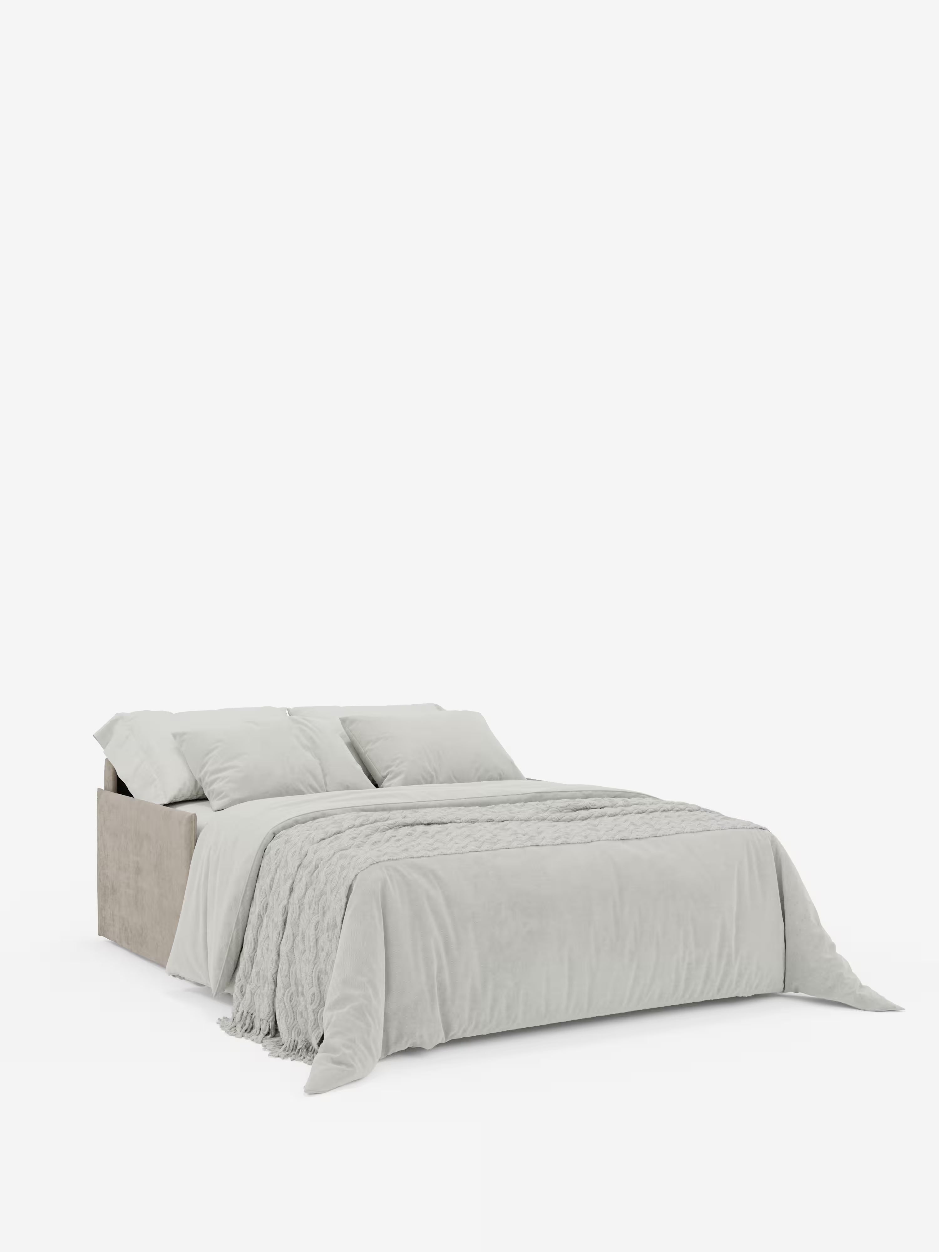 Il divano letto Miryam di Divani.Store presenta un design compatto e contemporaneo, con una struttura in tessuto T31 beige di facile manutenzione e poggiatesta regolabili per il massimo comfort. La morbida biancheria da letto grigio chiaro e i quattro cuscini coordinati sono disposti con cura sul letto, impreziositi da un plaid dalla trama particolare. Su uno sfondo bianco a tinta unita, lo stile minimal contemporaneo fa sì che il divano letto rimanga il protagonista assoluto di qualsiasi ambiente moderno.