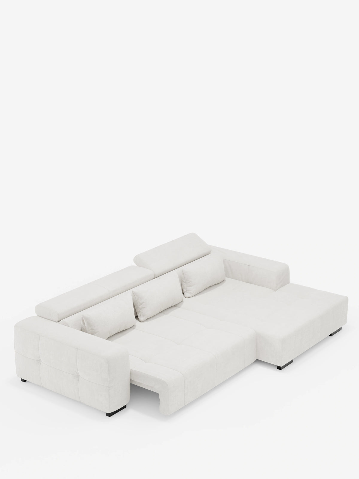 Vi presentiamo il divano angolare con penisola e relax elettrico Monarch di Divani.Store, un moderno divano componibile bianco dal profilo ribassato, dotato di una chaise longue estesa sul lato destro, poggiatesta reclinabili regolabili, tre morbidi cuscini dello schienale e ampi braccioli imbottiti. Rivestito in morbido tessuto T31 resistente alle macchie, questo elegante divano poggia su corte gambe nere e si distingue su uno sfondo bianco a tinta unita.