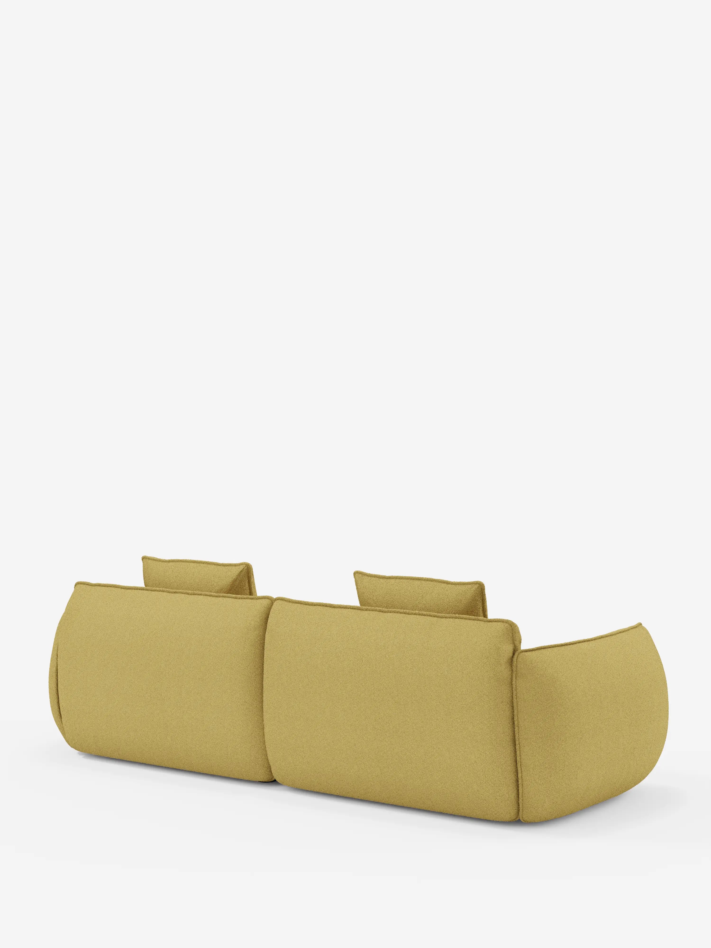 Un moderno divano modulare a 3 posti Nimbus, colore giallo senape, di Divani.Store, visto da dietro, caratterizzato da due ampie e morbide sezioni di seduta con bordi arrotondati e due poggiatesta imbottiti di forma rettangolare. Lo sfondo è bianco a tinta unita, che mette in risalto il design pulito e minimalista del divano. Il divano misura 250 cm ed è rivestito in tessuto t33 effetto cotone, sfoderabile e resistente alle macchie.