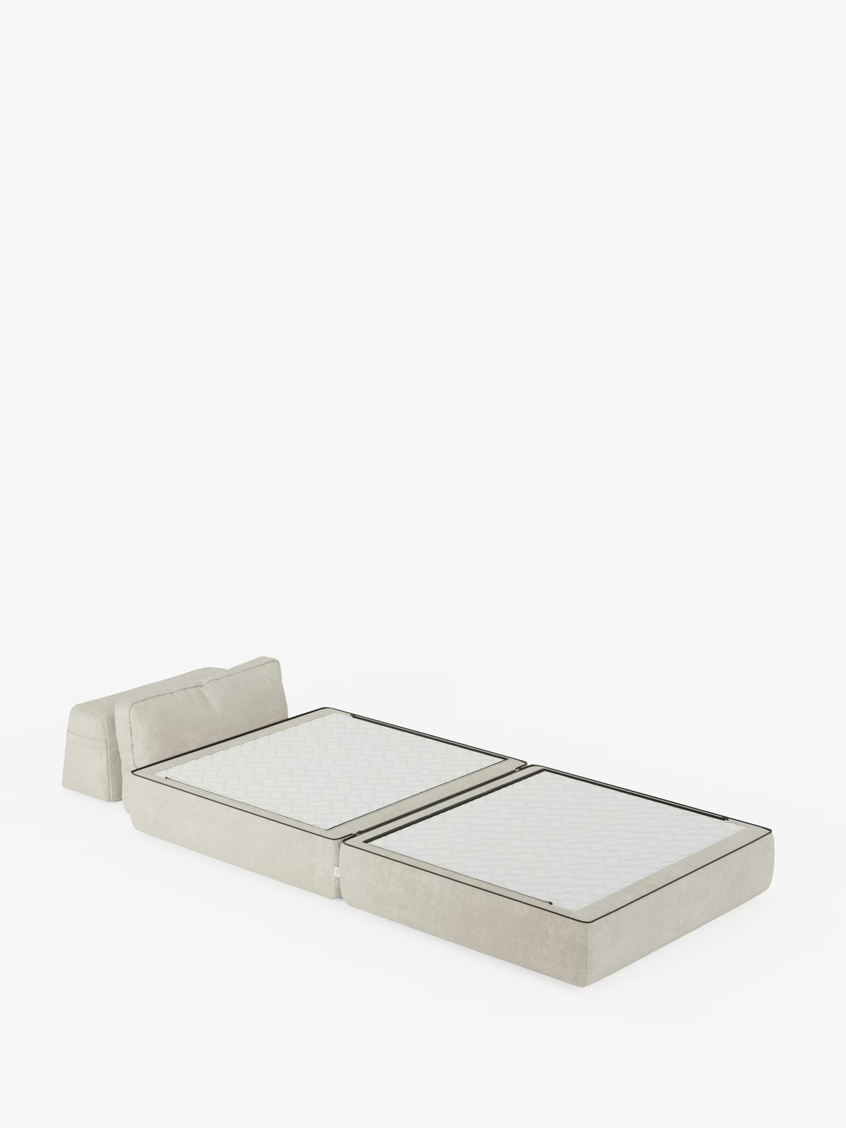 La poltrona letto Rift con materasso alto 24 cm e memory foam di Divani.Store è raffigurata completamente estesa in posizione di riposo orizzontale, mostrando le due sezioni del materasso a vista e lo schienale imbottito e mobile, rivestito in tessuto T31 antimacchia. Tutti gli elementi sono messi in risalto su uno sfondo bianco a tinta unita, che ne sottolinea l’estetica moderna e minimalista.