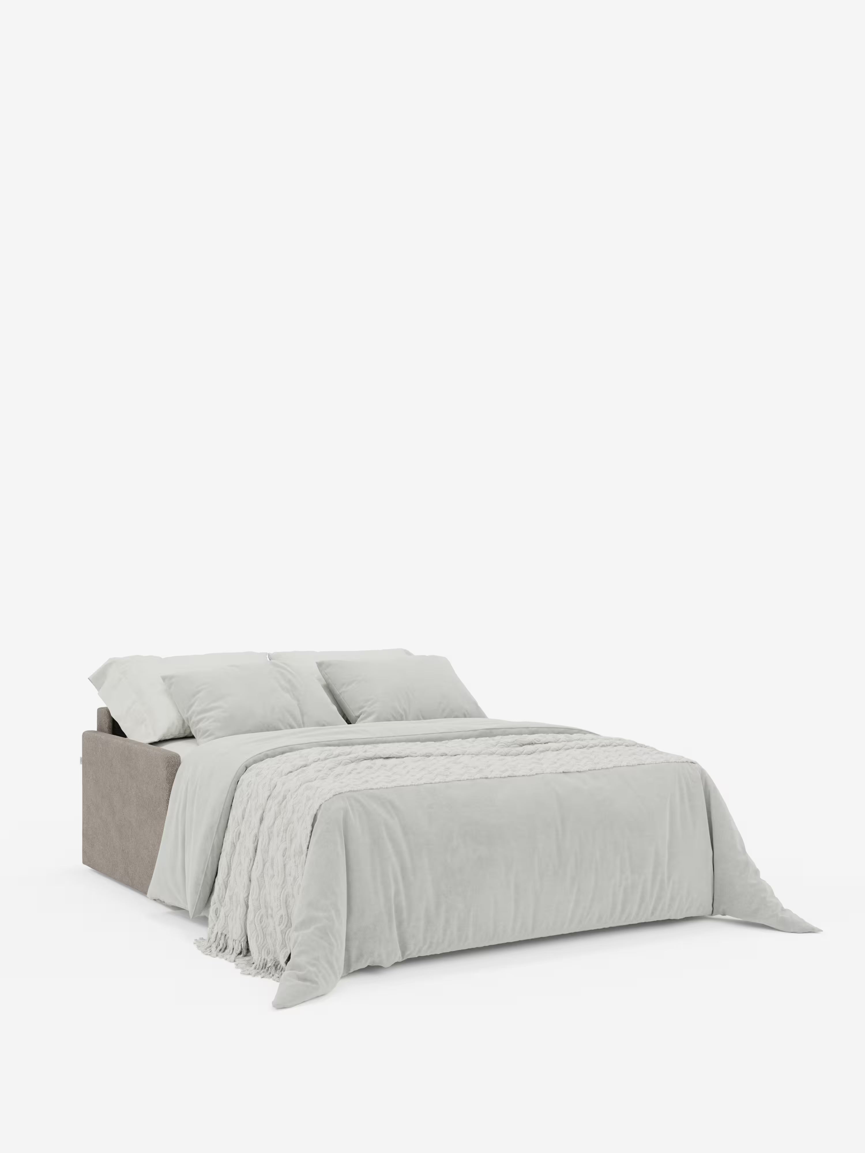 Un divano letto Tommy Divano a 2 e 3 posti matrimoniale di Divani.Store, realizzato con cura, rivestito in color taupe e caratterizzato da un tessuto T33 simile al cotone, completamente sfoderabile e resistente alle macchie, è abbinato a biancheria da letto grigio chiaro, una coperta grigia testurizzata drappeggiata sul lato e quattro cuscini coordinati che ne esaltano il fascino lineare. Lo sfondo bianco e pulito esalta il look minimalista e moderno.