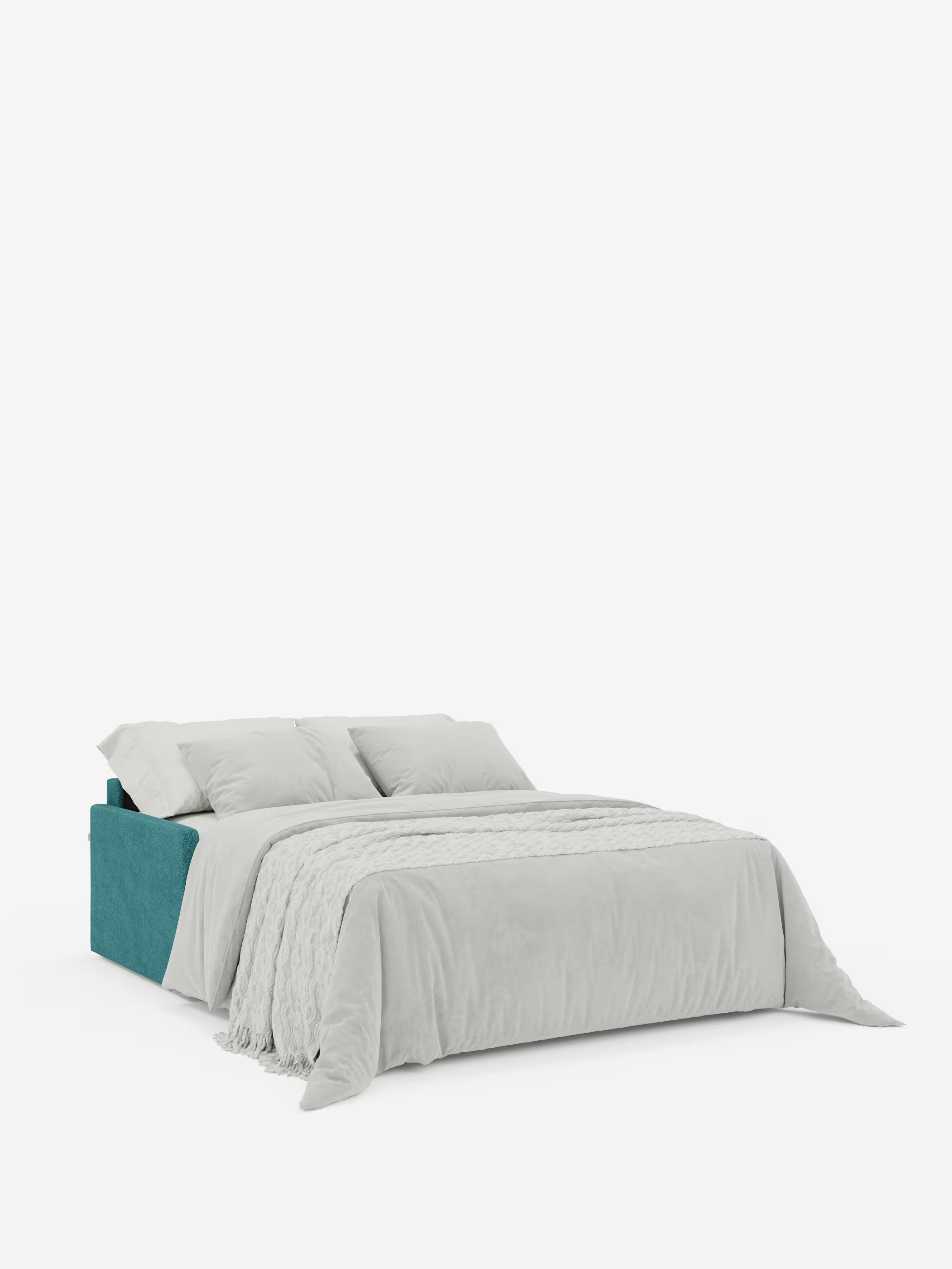 Un letto moderno di Divani.Store, il divano letto Tommy a 2 e 3 posti matrimoniale, presenta una testiera in tessuto color verde acqua, rivestita in tessuto T33 resistente alle macchie e simile al cotone. La biancheria da letto grigio chiaro e i due cuscini coordinati esaltano l’aspetto minimalista e accogliente, con una coperta morbidamente drappeggiata che richiama lo stile contemporaneo dei divani italiani, il tutto su uno sfondo bianco a tinta unita.