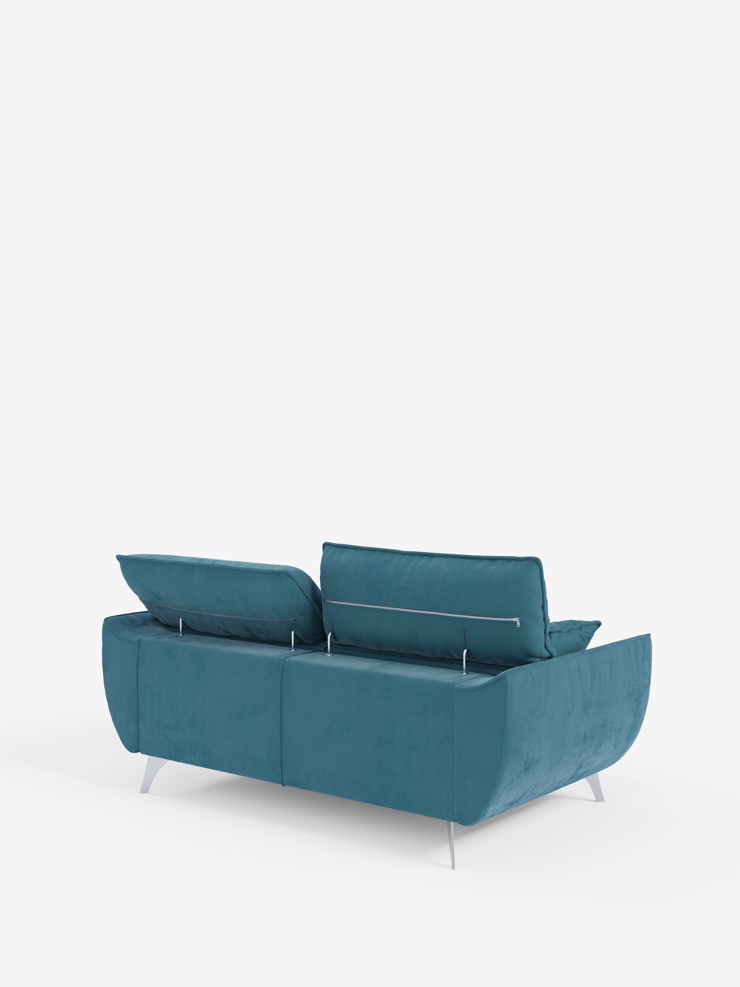 Un divano contemporaneo Michelangelo a 2 e 3 posti di Divani.Store, caratterizzato da sedute allungabili e poggiatesta reclinabili in morbido tessuto T30 resistente alle macchie. Ripreso di profilo dal retro, il suo audace colore verde acqua e le eleganti gambe in metallo risaltano su uno sfondo bianco a tinta unita. La consistenza vellutata del rivestimento e il design moderno rendono questo divano un elemento di grande impatto per qualsiasi ambiente che desideri un tocco di stile moderno.