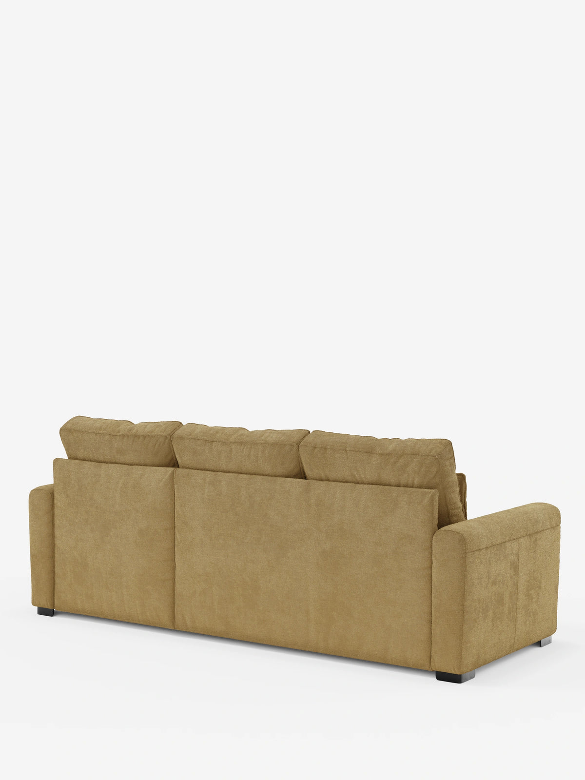 Vista posteriore di un divano letto Ottaviano con letto estraibile – penisola reversibile e contenitore in tessuto materico smacchiabile su sfondo bianco, caratterizzato da tessuto color cuoio con trama in rilievo, tre segmenti di cuscini e piedini a blocco.