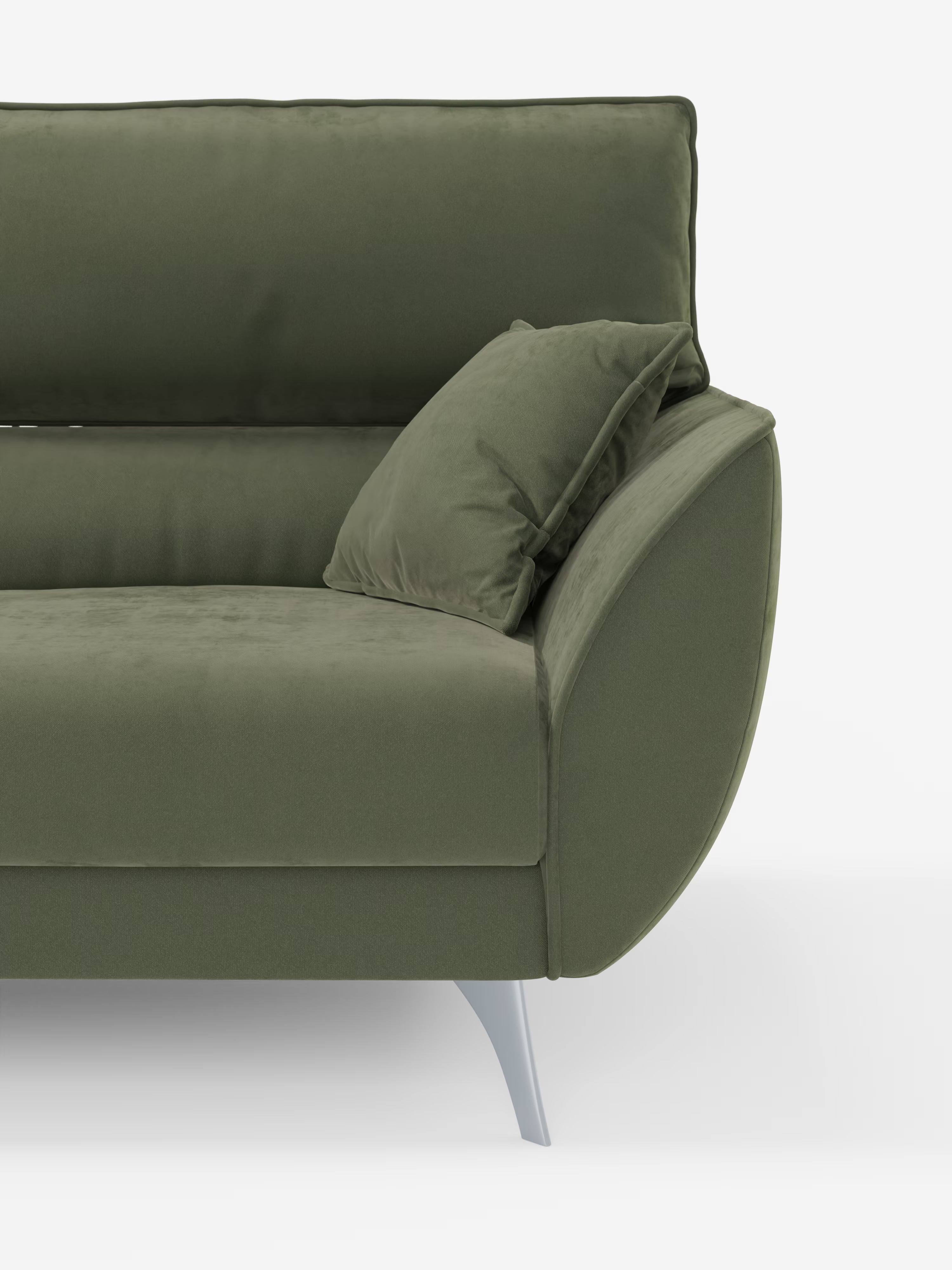 Scopri l'eleganza contemporanea del divano Michelangelo 4 Posti di Divani.Store, un raffinato divano verde oliva realizzato in tessuto vellutato T30 facile da pulire. Questo divano a quattro posti è dotato di tre sedute estensibili e poggiatesta regolabili, il tutto completato da eleganti gambe angolate color argento. Con il suo morbido schienale e un cuscino laterale abbinato appoggiato su un bracciolo, solo il lato destro del divano è visibile su uno sfondo bianco candido.