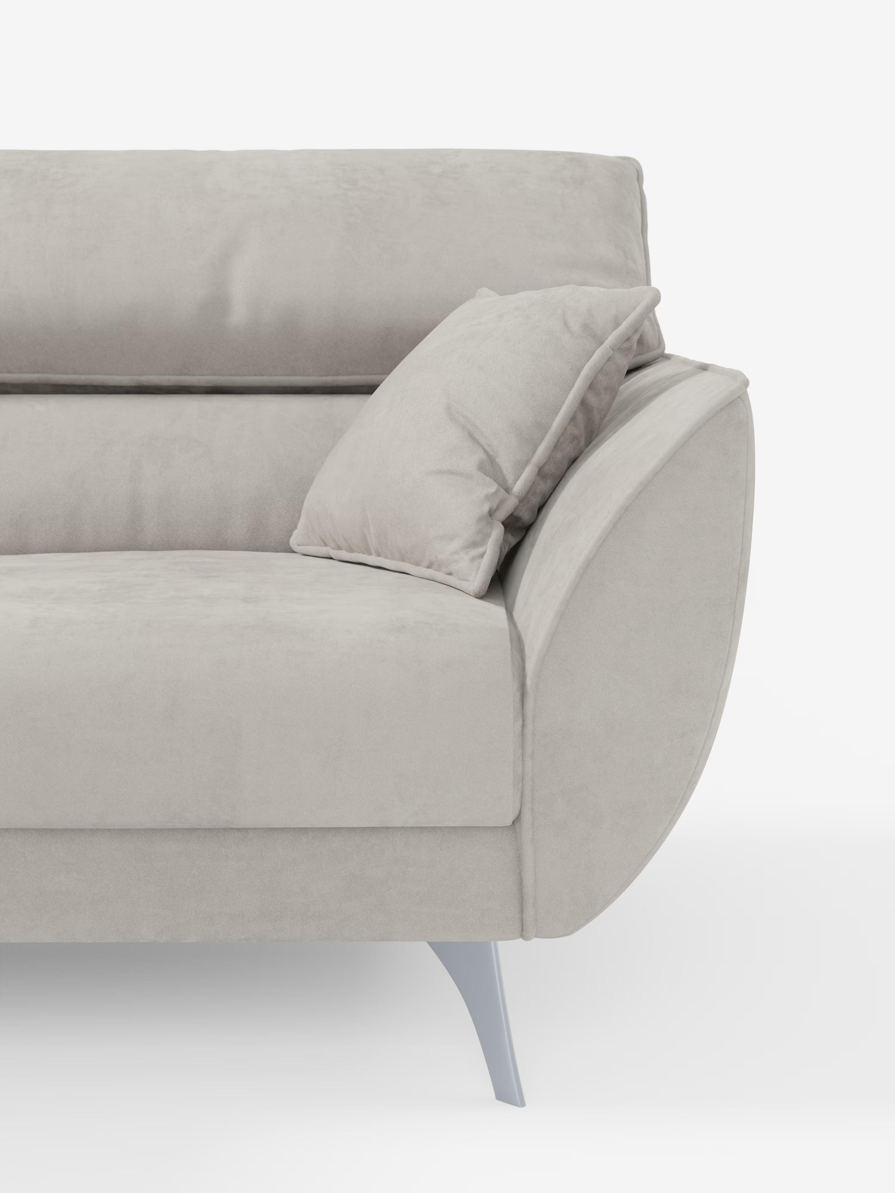 Vi presentiamo il divano Michelangelo a 2 e 3 posti di Divani.Store, dotato di sedute estensibili e poggiatesta regolabili, rivestito in tessuto T30 facile da pulire. Il moderno rivestimento grigio chiaro è completato da un bracciolo angolato, un cuscino coordinato ed eleganti gambe in metallo affusolate. Su uno sfondo bianco a tinta unita che ne accentua le linee pulite e la silhouette contemporanea, è visibile solo la metà sinistra di questo elegante divano.