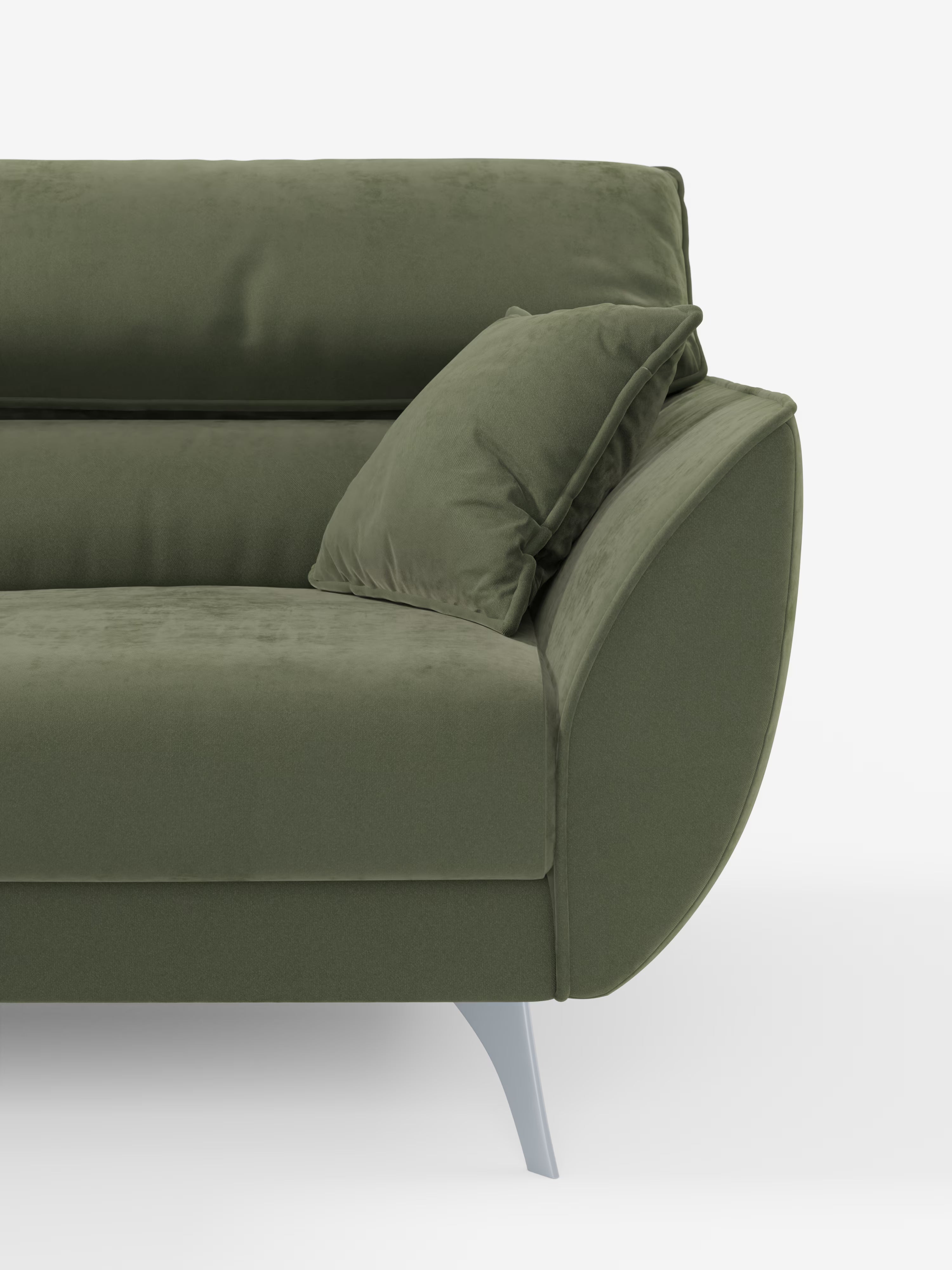 Un primo piano del divano Michelangelo a 2 e 3 posti con sedute allungabili e poggiatesta reclinabili in tessuto smacchiabile T30 di Divani.Store mette in risalto un design moderno in verde oliva, con un unico cuscino coordinato appoggiato al bracciolo. Il tessuto morbido e soffice ne esalta l’aspetto accogliente. Questo divano di grande stile presenta braccioli e schienale delicatamente ricurvi, gambe angolate in metallo argentato ed è messo in risalto da uno sfondo bianco candido.