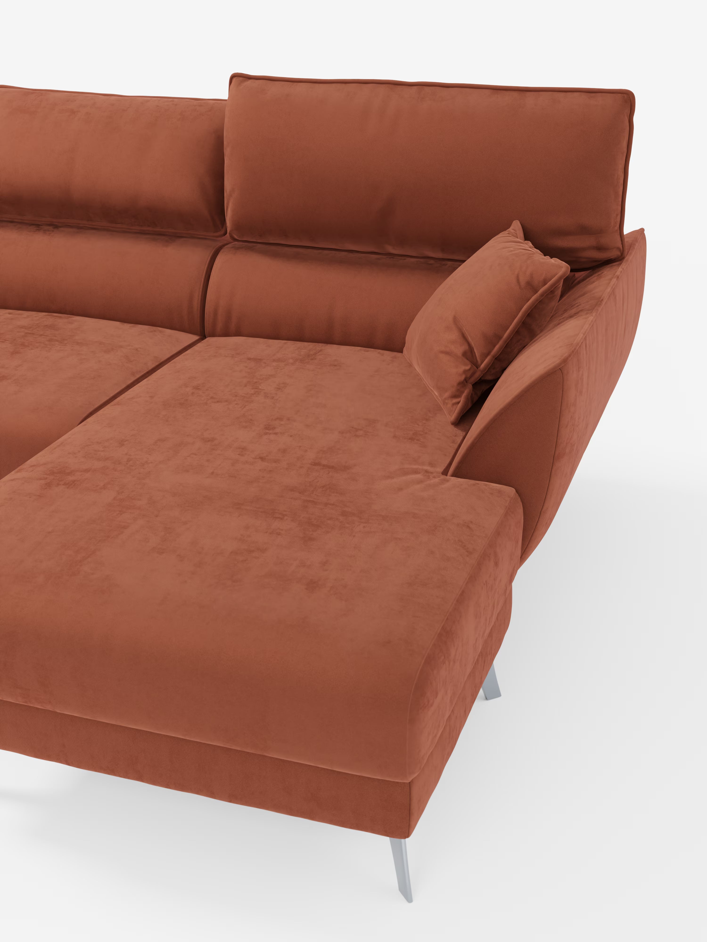 Michelangelo Ecksofa mit Chaise Longue und verschiebbaren Sitzen - verstellbaren Kopfstützen aus raffiniertem, fleckenabweisendem Stoff in Samtoptik T30