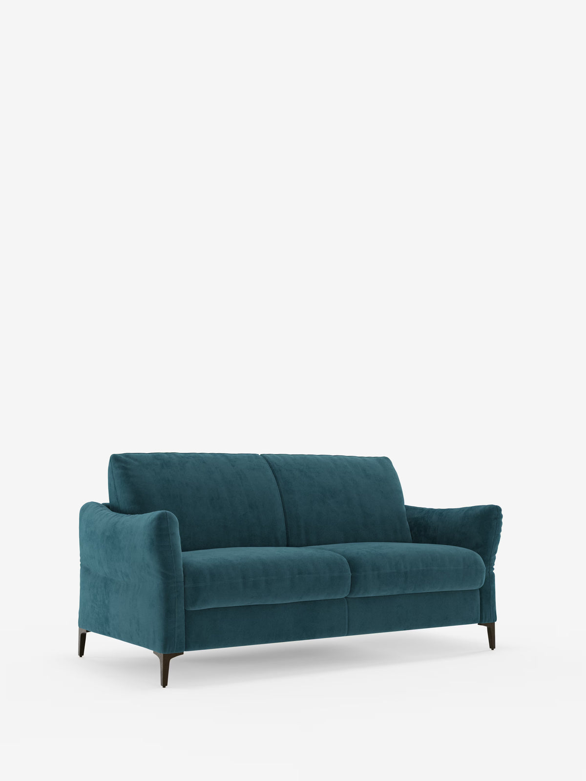 Un divano letto Dalia di Divani.Store, rivestito in tessuto color verde acqua, disponibile nelle versioni a 2, 3 e 4 posti con un morbido materasso H18, si staglia su uno sfondo bianco a tinta unita. Caratterizzato da un design moderno e minimalista con braccioli leggermente ricurvi, due cuscini di seduta, due cuscini dello schienale e gambe corte in legno scuro, questo divano letto matrimoniale, elegante e pratico, è realizzato in tessuto vellutino T30 facile da pulire e si trasforma facilmente in un