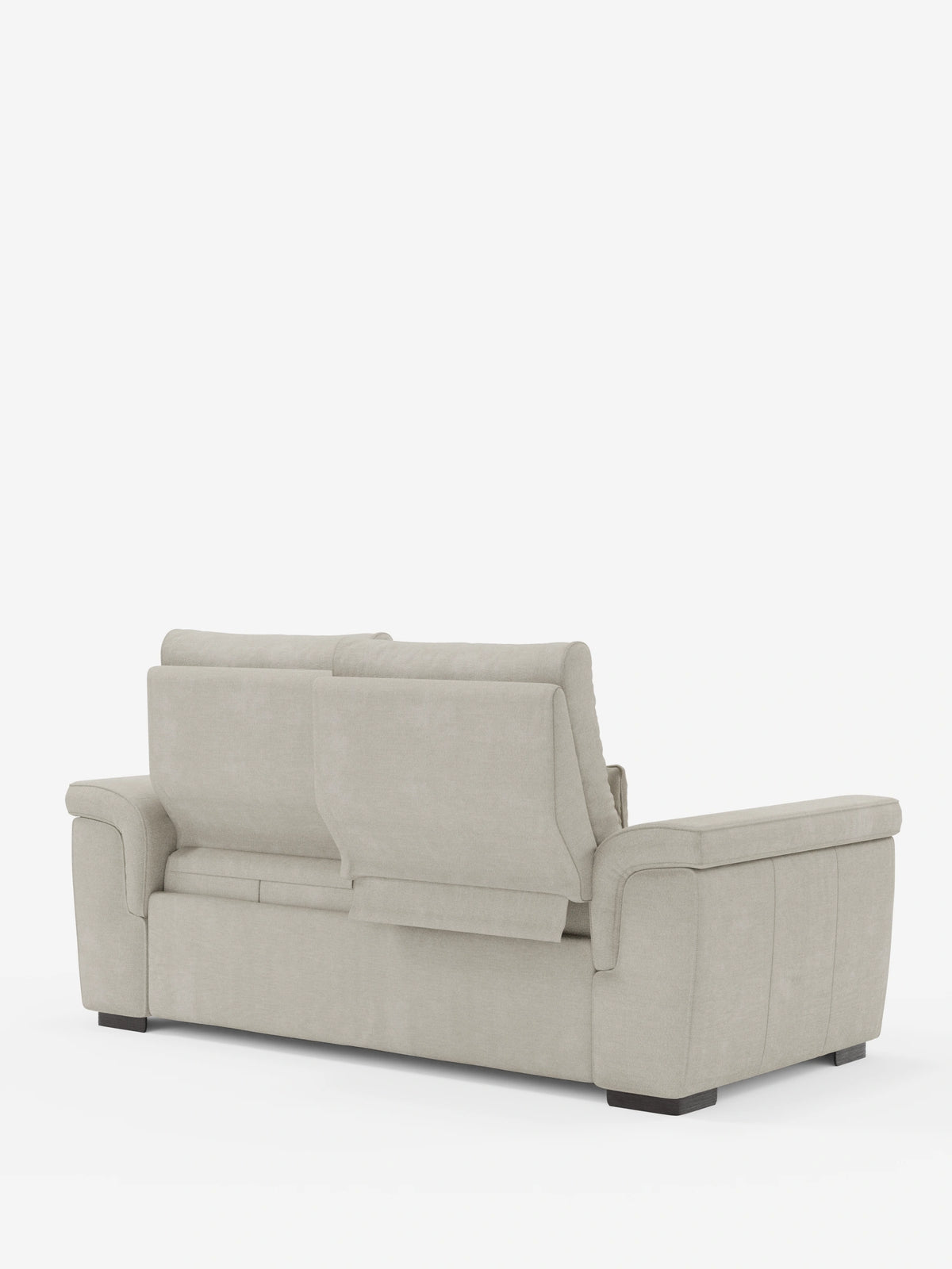 Vista posteriore di un divano Ischia a 3 posti color beige testurizzato, con pouf estraibile e schienali scorrevoli in tessuto misto lino smacchiabile, caratterizzato da schienali scorrevoli regolabili e piedini rettangolari scuri su sfondo bianco.