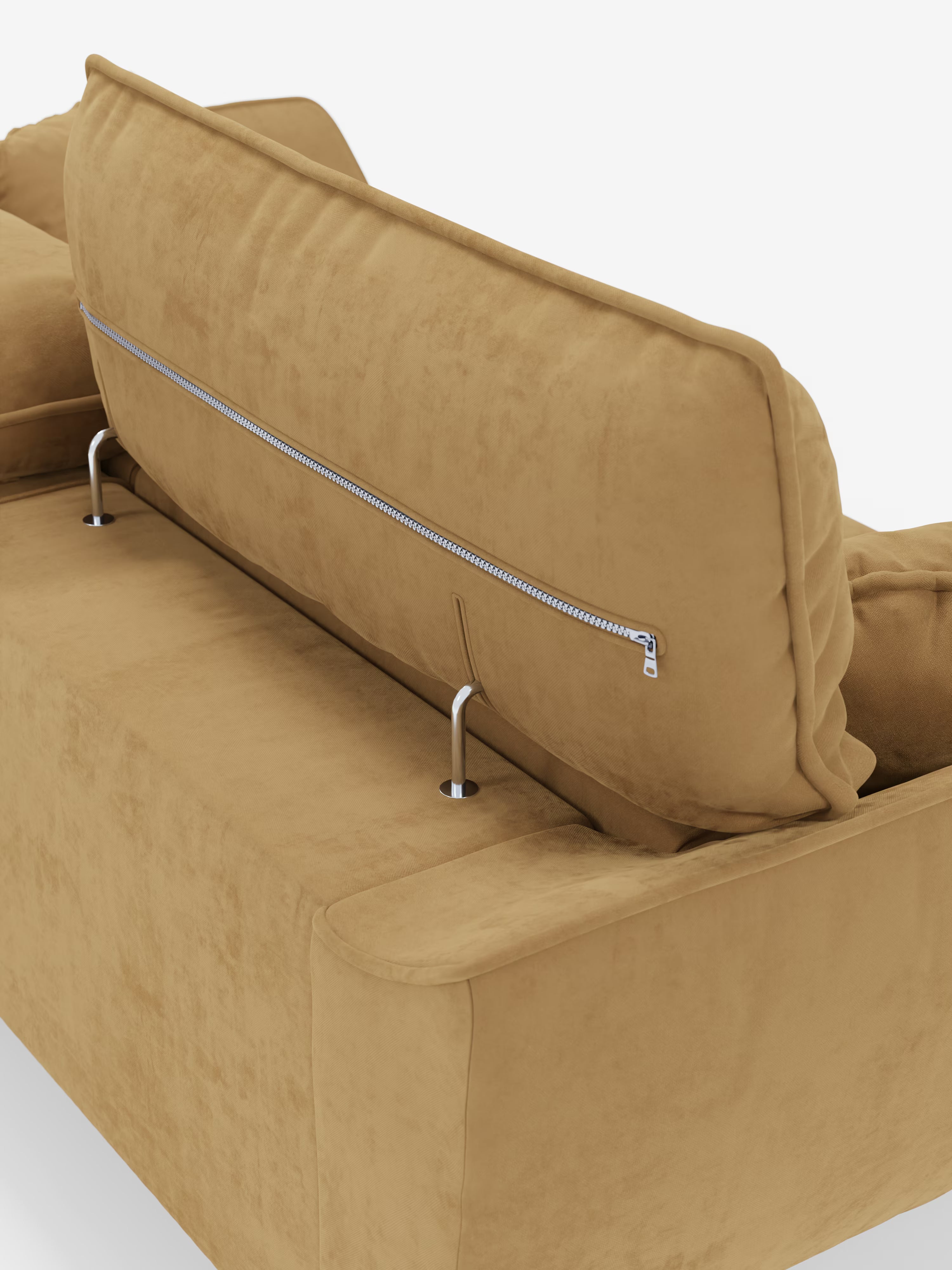 Il divano Michelangelo a 2 e 3 posti di Divani.Store è qui presentato in tessuto T30 color cuoio, resistente alle macchie. Questo divano moderno presenta un rivestimento morbido con un cuscino dello schienale parzialmente aperto tramite cerniera, che lascia intravedere le aste di sostegno in metallo fissate alla struttura. Dotato di sedute allungabili e poggiatesta reclinabili, offre un comfort personalizzabile e uno stile contemporaneo, qui presentato su uno sfondo bianco.