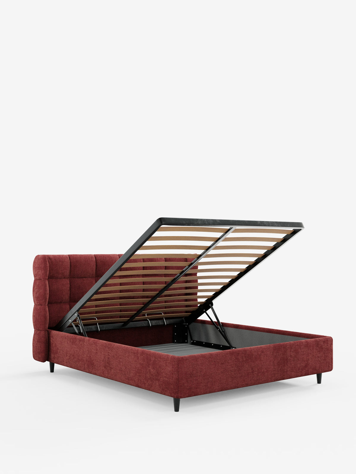 Vi presentiamo RAGNAR, il letto contenitore imbottito in stile contemporaneo di Letti.store, caratterizzato da un elegante tessuto rosso certificato Oeko-Tex®. Questo moderno letto contenitore si distingue per le gambe angolate e per l’ampio vano contenitore sotto il letto, accessibile tramite una rete a doghe sollevabile. L’avvolgente testiera capitonné è splendidamente trapuntata e imbottita, su uno sfondo bianco pulito.