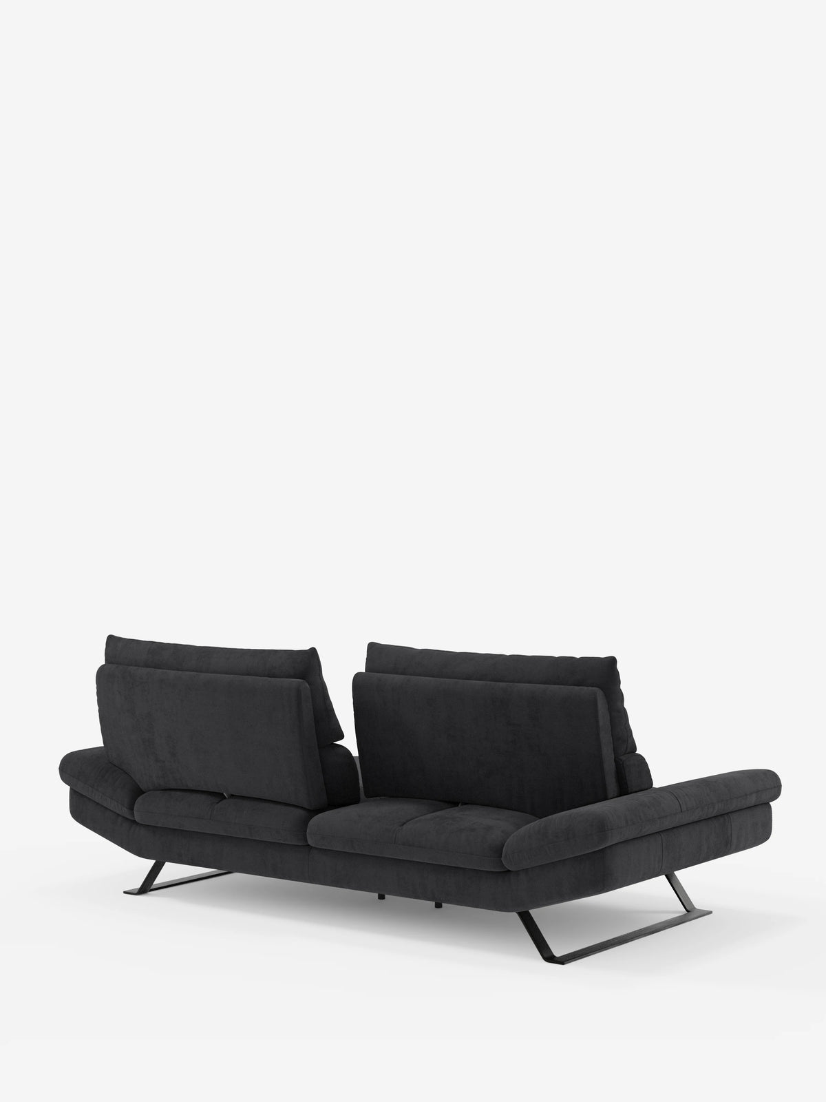 Vi presentiamo Eclipse di Divani.Store: un divano contemporaneo realizzato in elegante microfibra T11 di facile pulizia, caratterizzato da schienali traslanti e gambe in metallo dall’inclinazione accentuata. Ripreso di retro da una leggera angolazione su uno sfondo bianco, questo divano moderno offre un design minimalista con cuscini morbidi e arrotondati per un comfort personalizzabile. Disponibile nelle versioni a 2 e 3 posti.