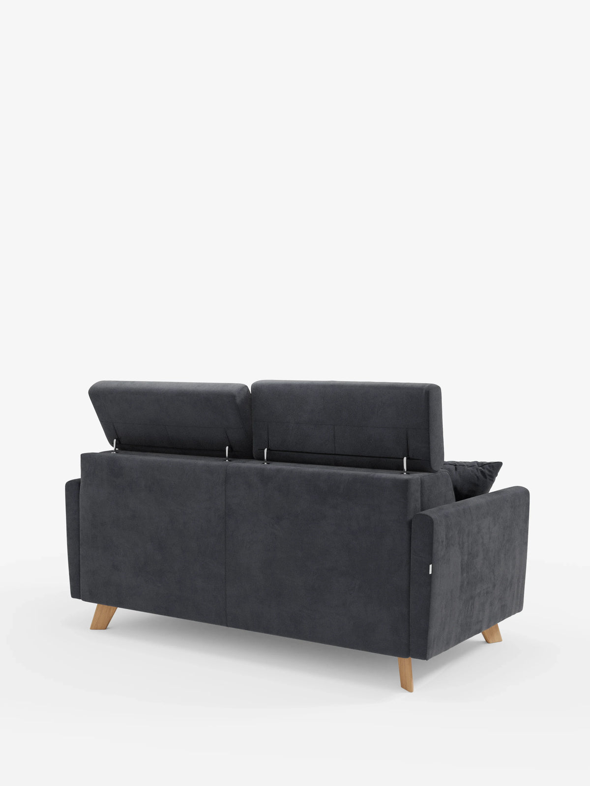 Un moderno divano letto Francy grigio scuro con poggiatesta regolabili di Divani.Store, dotato di due poggiatesta regolabili, gambe in legno inclinate e braccioli squadrati, è raffigurato di retro su uno sfondo bianco a tinta unita. Il divano è sfoderabile al 100% e rivestito con un elegante tessuto T30 resistente alle macchie.