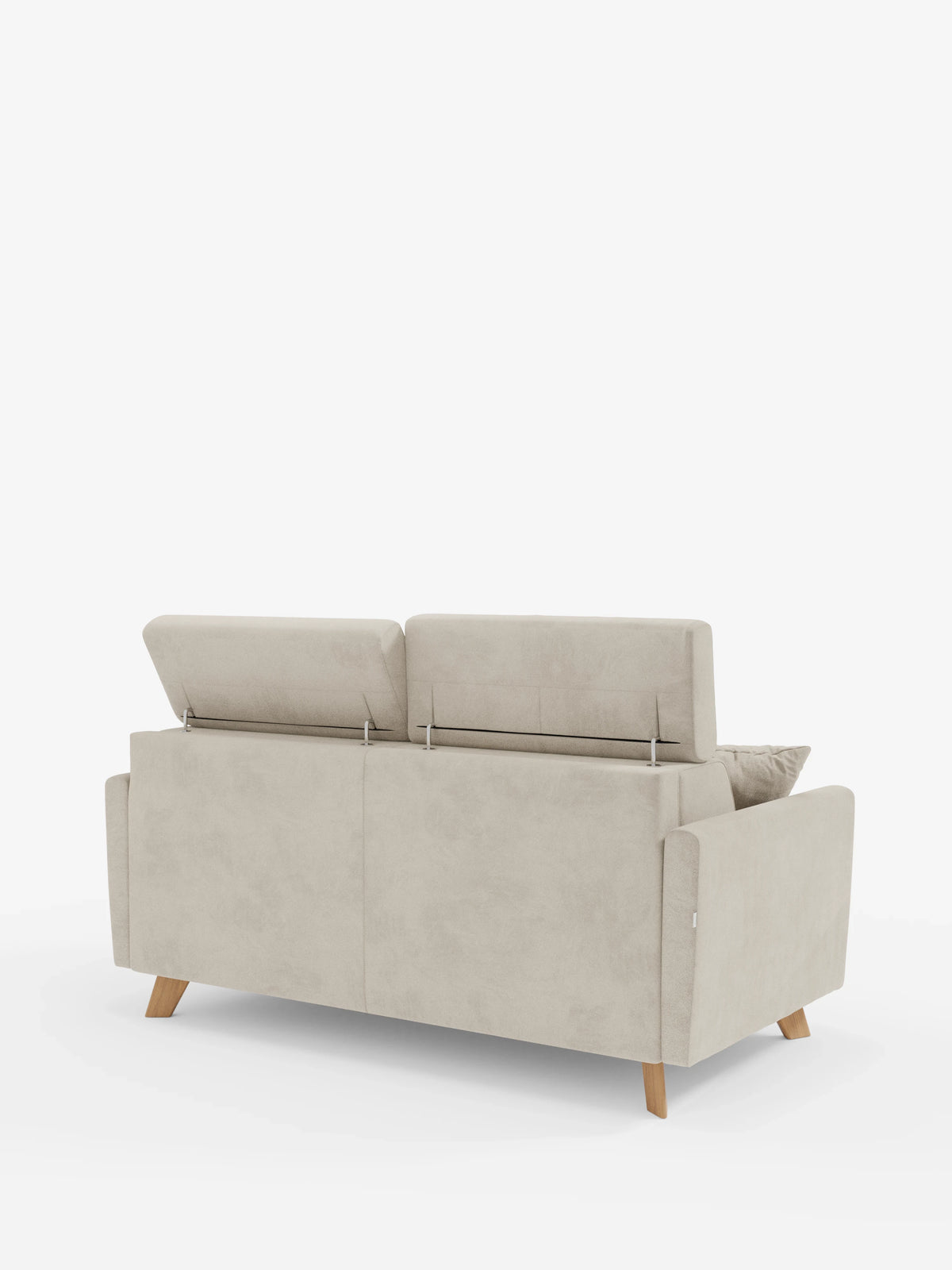 Il divano letto Francy di Divani.Store, rivestito con l’elegante tessuto T30 resistente alle macchie e dotato di fodere completamente sfoderabili, è ripreso in una vista posteriore obliqua. Caratterizzato da un design in stile moderno con due poggiatesta regolabili e gambe in legno, questo divano beige presenta un cuscino a vista sul lato destro. Lo sfondo bianco a tinta unita mette in risalto la raffinata trama del rivestimento e la silhouette contemporanea.