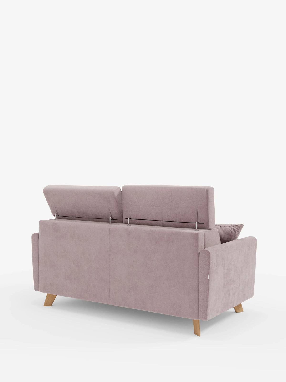 Il divano letto Francy con poggiatesta regolabili di Divani.Store, rivestito in elegante tessuto T30 resistente alle macchie e dotato di fodere completamente sfoderabili, è raffigurato di retro in un moderno colore malva chiaro. I due poggiatesta regolabili sono sollevati da cerniere metalliche a vista, le gambe in legno sostengono il divano, i braccioli dritti ne incorniciano i lati e un cuscino è appoggiato sulla destra. L’immagine è inquadrata su uno sfondo bianco a tinta unita.