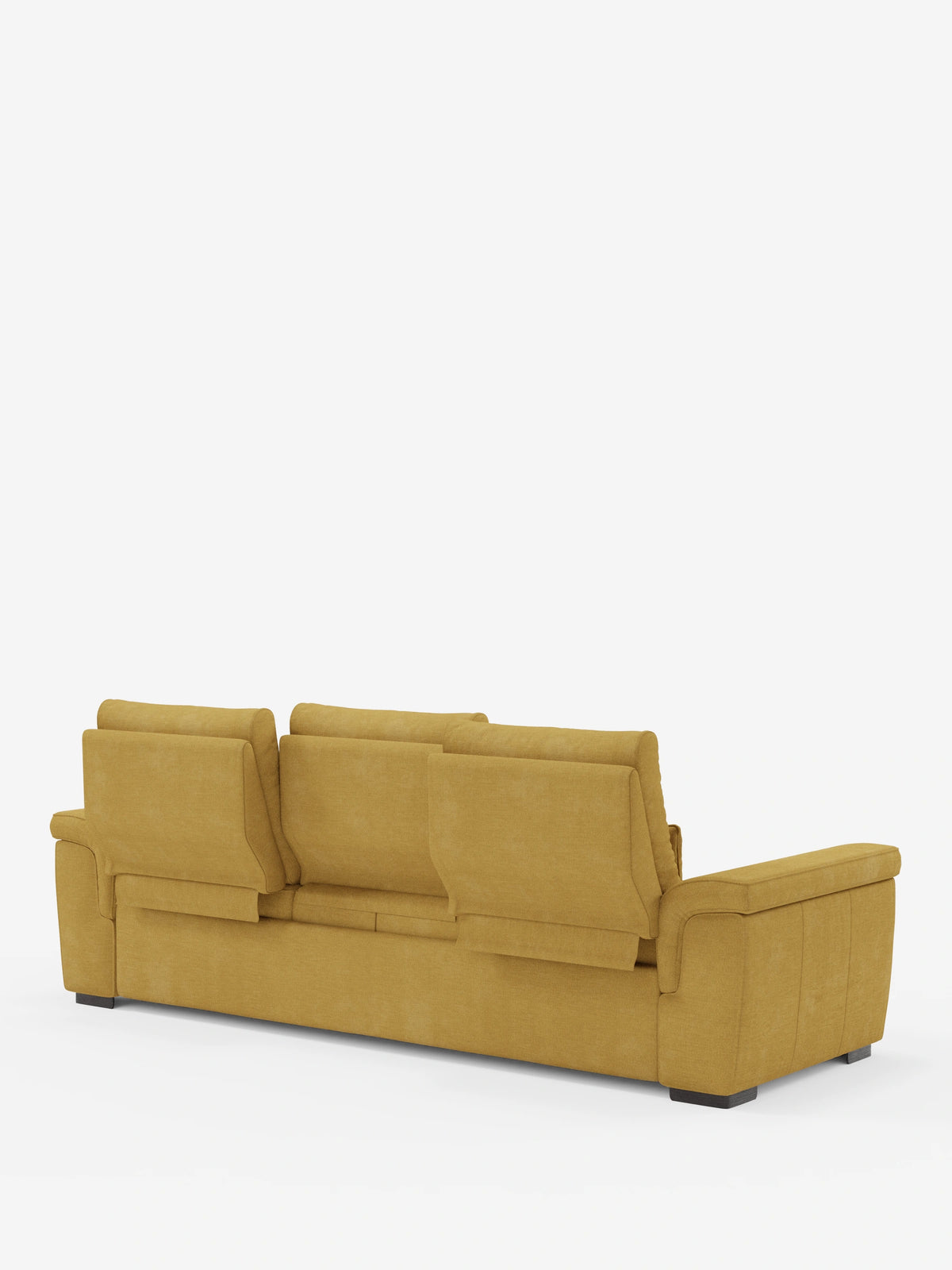 Vista posteriore di un divano letto angolare Ischia con schienali scorrevoli, elemento estraibile e penisola contenitore in tessuto smacchiabile misto lino, caratterizzato da una finitura testurizzata giallo senape, tre schienali regolabili e piedini quadrati scuri.