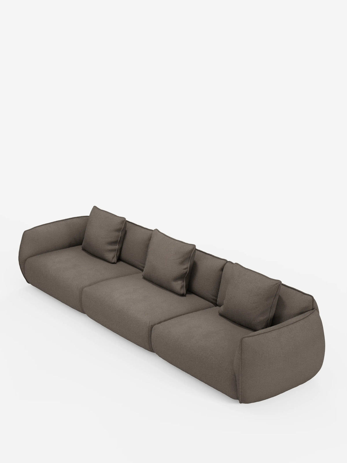 Il divano modulare a 3 posti Nimbus di Divani.Store è un divano moderno dal profilo ribassato, di colore grigio scuro, rivestito in morbido tessuto T33 effetto cotone, resistente alle macchie. È caratterizzato da tre ampie sezioni di seduta, cuscini dello schienale abbinati e bordi arrotondati e leggermente sagomati sui braccioli e sulla base, il tutto su uno sfondo bianco a tinta unita.