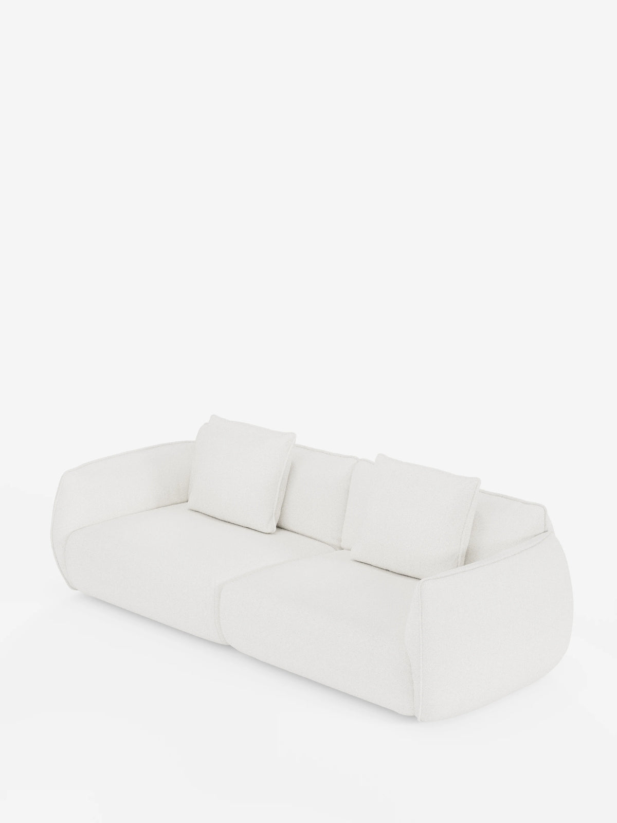 Vi presentiamo il divano Nimbus, un divano modulare e componibile a 3 posti da 250 cm di Divani.Store: un divano moderno realizzato in tessuto lavabile effetto cotone (t33). Questo elegante divano bianco presenta bordi morbidi e arrotondati e tre cuscini di seduta coordinati. Sul lato sinistro, due cuscini quadrati per lo schienale creano un angolo accogliente, completato da un cuscino aggiuntivo sulla destra. Sullo sfondo bianco a tinta unita, il suo design minimalista risalta con eleganza.