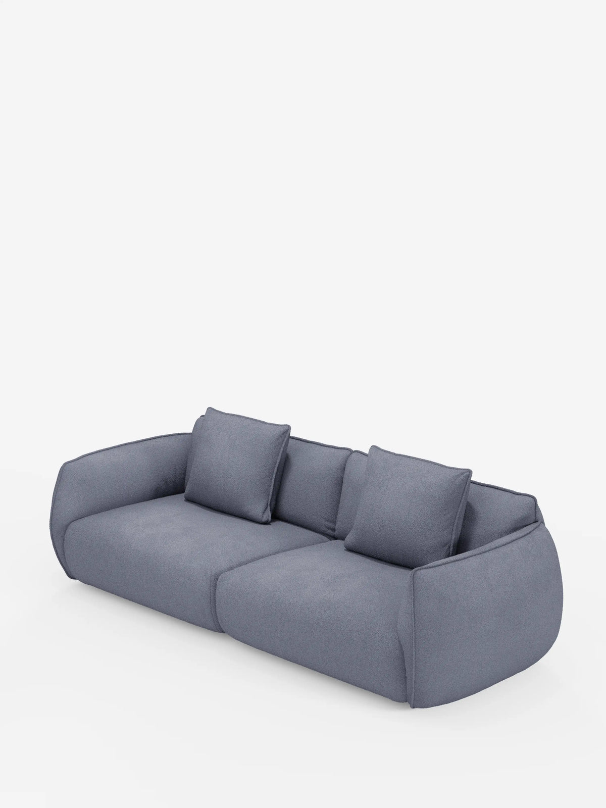 Il divano Nimbus, un modello moderno e dal profilo basso, a 3 posti, modulare e componibile da 250 cm di Divani.Store, è presentato in una delicata tonalità di grigio, caratterizzato da bordi leggermente arrotondati e due sezioni di seduta. Il suo design minimalista comprende quattro cuscini quadrati, tutti in risalto su uno sfondo bianco a tinta unita. Il divano è rivestito in un tessuto effetto cotone (t33) sfoderabile e resistente alle macchie.