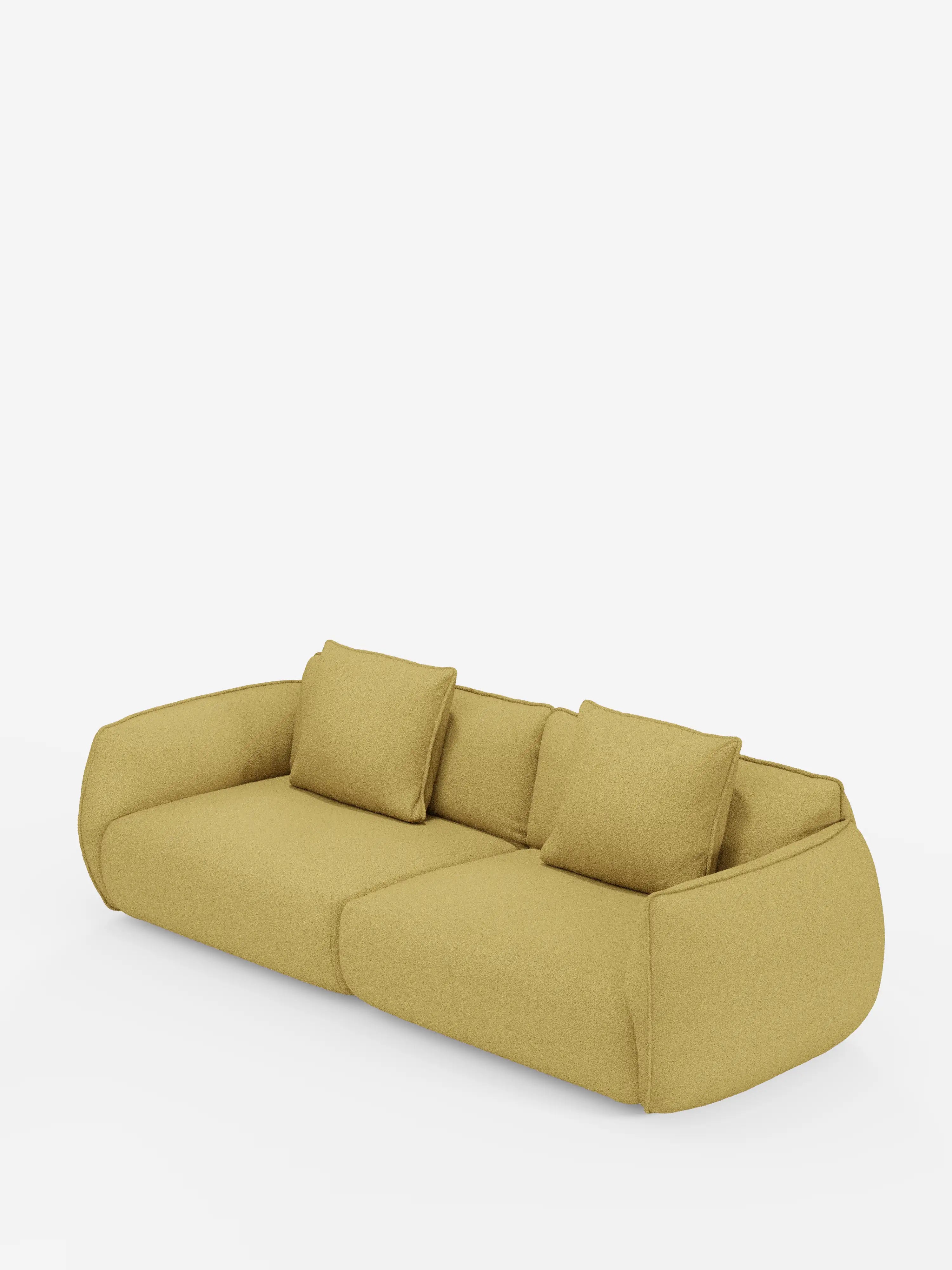 Il divano modulare a 3 posti Nimbus da 250 cm di Divani.Store è un divano moderno dal profilo basso, rivestito in tessuto T33 color giallo senape, smacchiabile ed effetto cotone. Presenta bordi morbidi e arrotondati e include tre cuscini quadrati coordinati per lo schienale. Fotografato su uno sfondo bianco senza gambe visibili, il design crea un’atmosfera accogliente e confortevole.