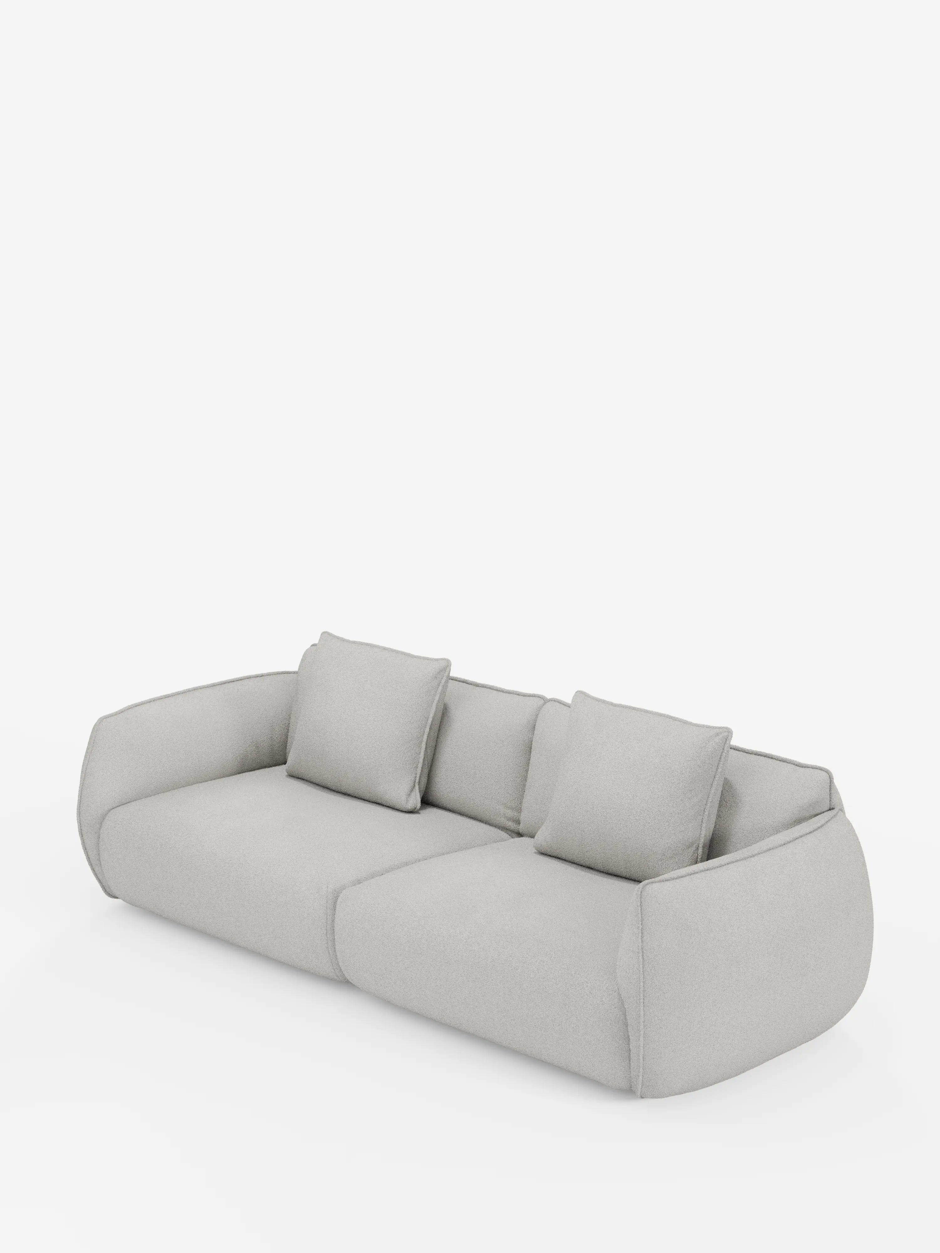 Un divano modulare e componibile Nimbus a 3 posti dal design moderno e dal profilo ribassato, firmato Divani.Store, in grigio chiaro, rivestito con tessuto effetto cotone sfoderabile e antimacchia (t33), dotato di due cuscini di seduta, due cuscini decorativi quadrati abbinati e ampi braccioli arrotondati che ne caratterizzano il design minimalista. Il prodotto è presentato su uno sfondo bianco a tinta unita.