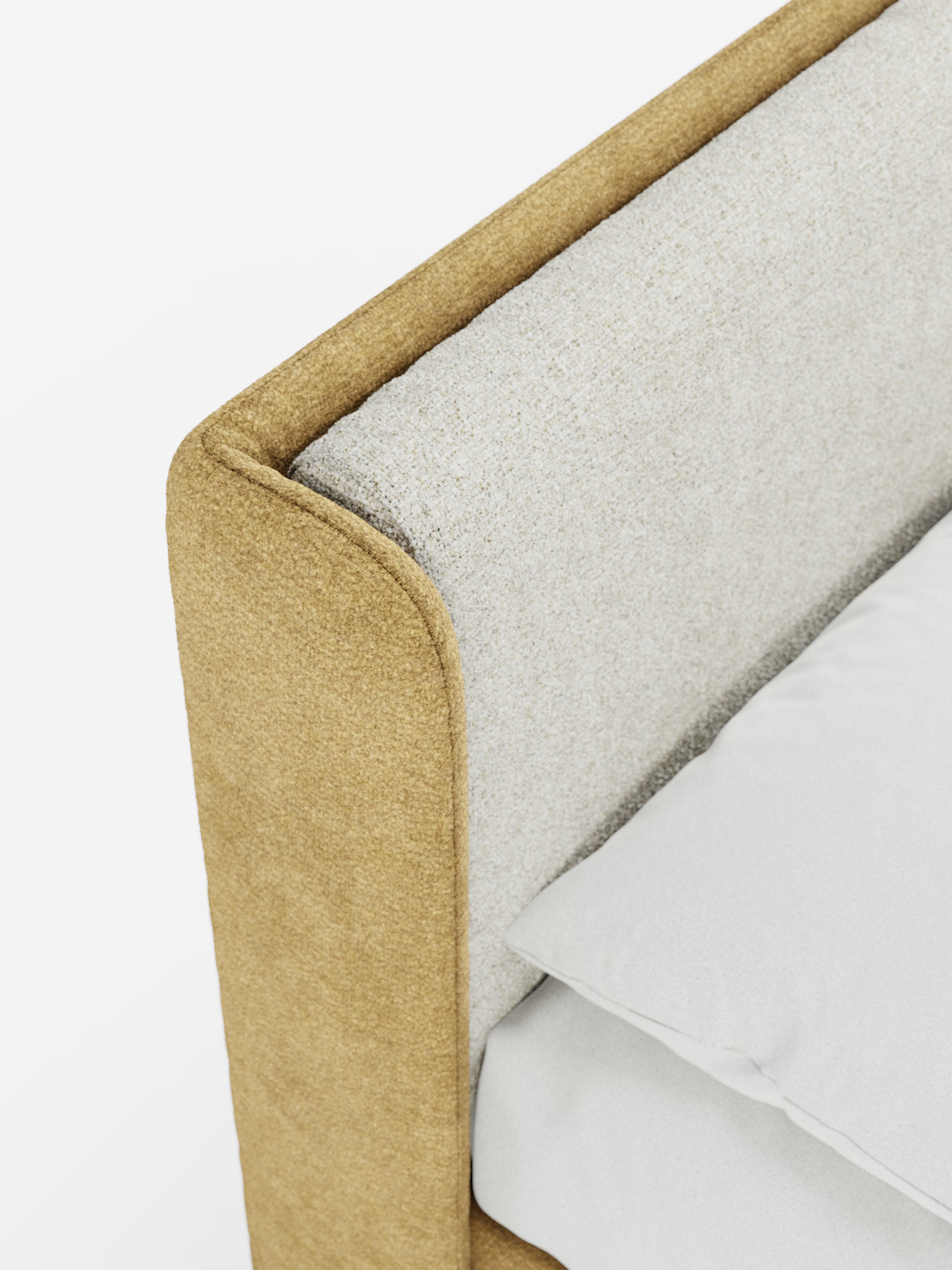 Primo piano del letto imbottito bicolore VALKIRIA con contenitore di Letti.store, che presenta una raffinata testiera imbottita di colore beige chiaro, dalle linee curve e avvolgenti, con telaio dalla texture marrone dorato. La biancheria da letto di un bianco brillante, con cuscino e lenzuolo, esalta l’estetica pulita e minimalista che si staglia su uno sfondo bianco.