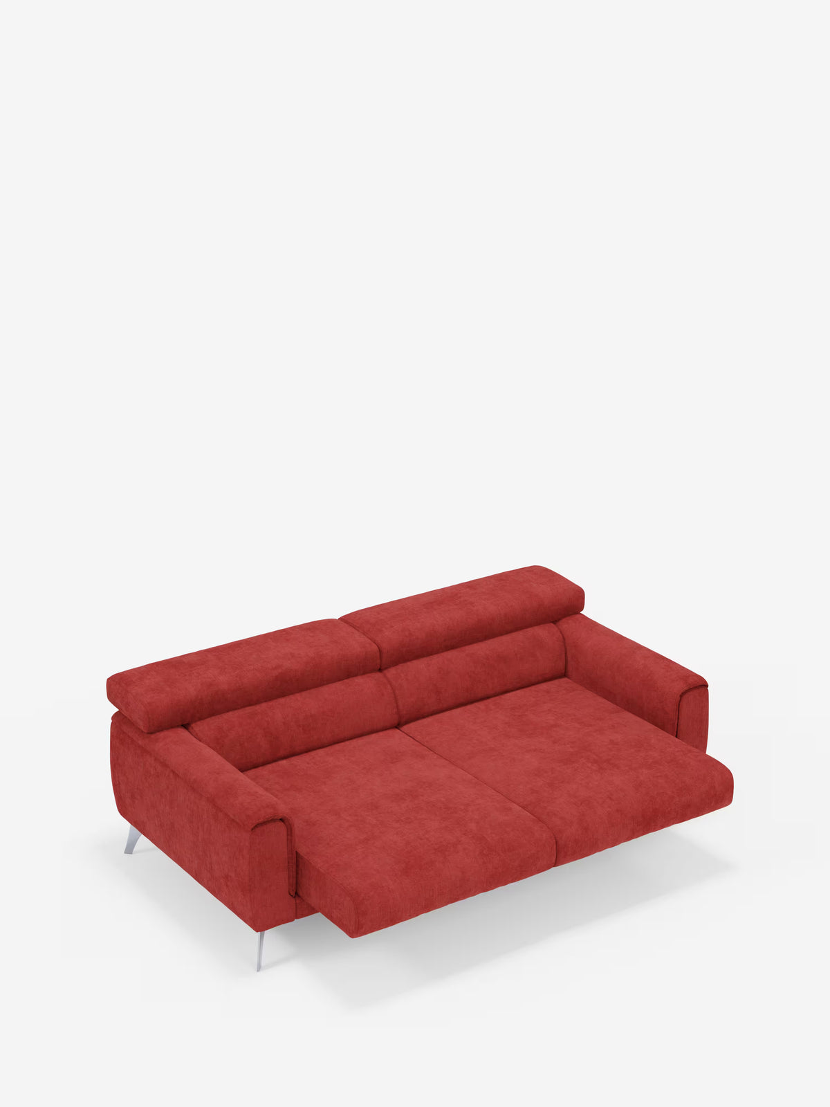 Un divano Caravaggio rosso a 2 e 3 posti con sedute allungabili e poggiatesta reclinabili di Divani.Store, rivestito in elegante tessuto T31 resistente alle macchie e dotato di gambe in metallo, si trasforma completamente in letto. Perfetto per un soggiorno contemporaneo, questo divano estensibile presenta ampi braccioli, uno schienale basso e un design moderno e minimalista su uno sfondo bianco a tinta unita.