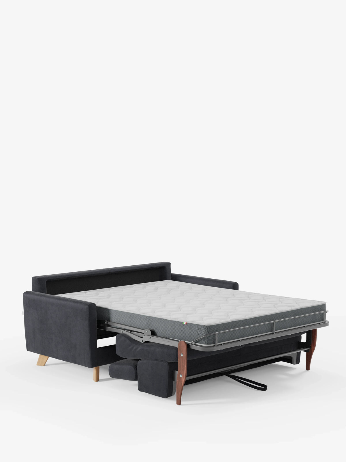 Il divano letto Francy di Divani.Store, in grigio scuro con poggiatesta regolabili, è raffigurato aperto, mostrando un materasso capitonné grigio chiaro, rivestito in tessuto T30 100% sfoderabile, elegante e resistente alle macchie. Sono visibili i braccioli e lo schienale del divano, mentre la struttura del letto estesa offre sostegno insieme a un cuscino e a un poggiapiedi nella parte inferiore. Ideale come versatile divano a 2 posti o per ottimizzare gli spazi ridotti, questo modello si distingue con