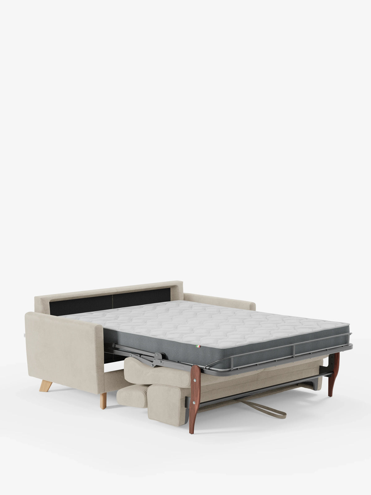Il divano letto Francy con poggiatesta regolabili di Divani.Store è raffigurato completamente aperto, con un materasso grigio di notevole spessore, gambe in legno e un elegante rivestimento in tessuto T30 beige, 100% sfoderabile e resistente alle macchie. Lo schienale e i braccioli sono chiaramente visibili su questo divano a 2 posti, in primo piano su uno sfondo bianco a tinta unita.