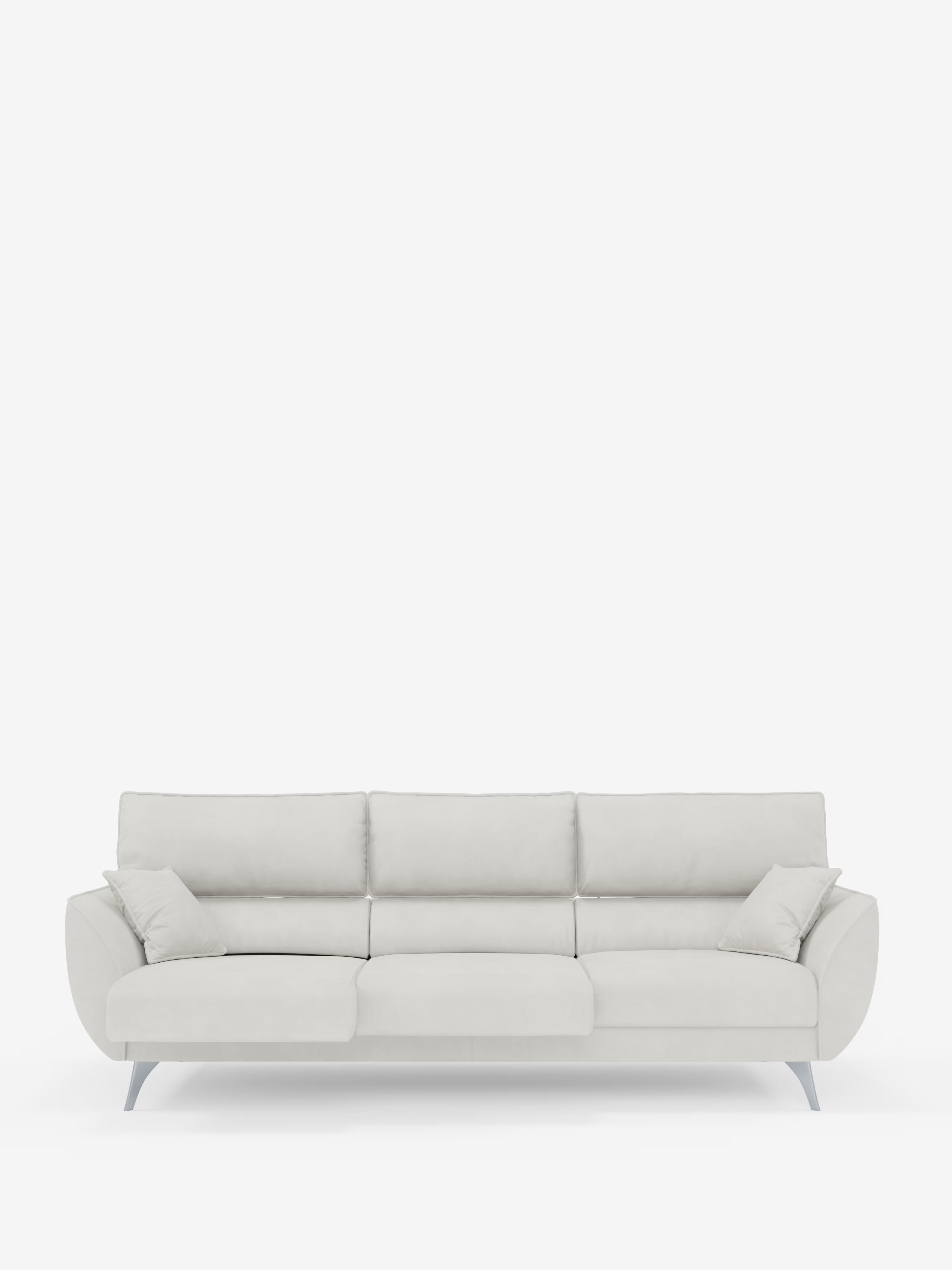 Il divano Michelangelo 4 Posti di Divani.Store è un divano moderno, rivestito in tessuto effetto velluto grigio chiaro, con tre sedute estensibili e poggiatesta regolabili, accompagnato da due cuscini coordinati. Su uno sfondo bianco a tinta unita, questo divano contemporaneo presenta gambe angolari in metallo e braccioli dalle linee morbidamente arrotondate, offrendo ampio spazio per la famiglia o gli ospiti e coniugando eleganza minimalista e comfort.