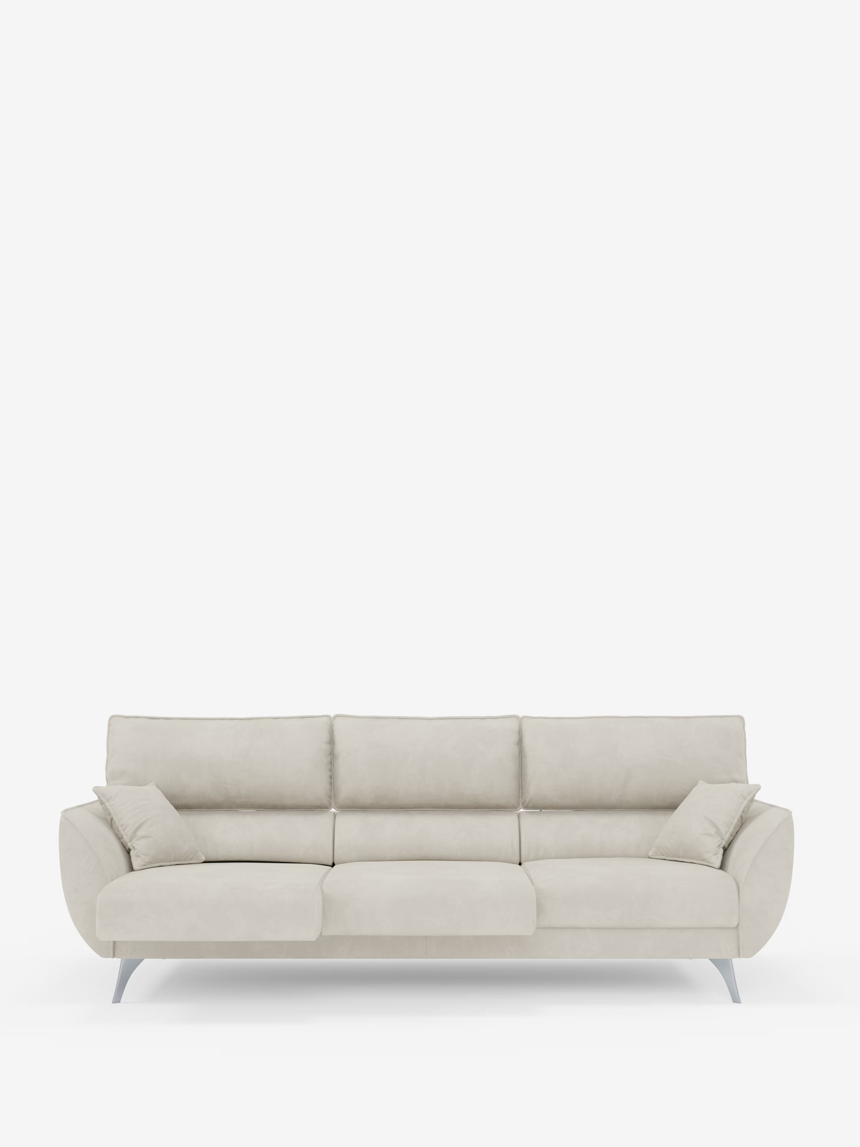 Un divano contemporaneo a quattro posti color beige chiaro di Divani.Store, il Michelangelo 4 Posti è dotato di tre sedute allungabili e poggiatesta reclinabili per un comfort ancora maggiore. Rivestito con un elegante tessuto in velluto T30 resistente alle macchie, questo divano si distingue per le linee pulite, i morbidi cuscini di seduta e schienale, due cuscini decorativi rettangolari abbinati e le gambe in metallo sottili e angolate. Il divano è esposto su uno sfondo bianco a tinta unita.