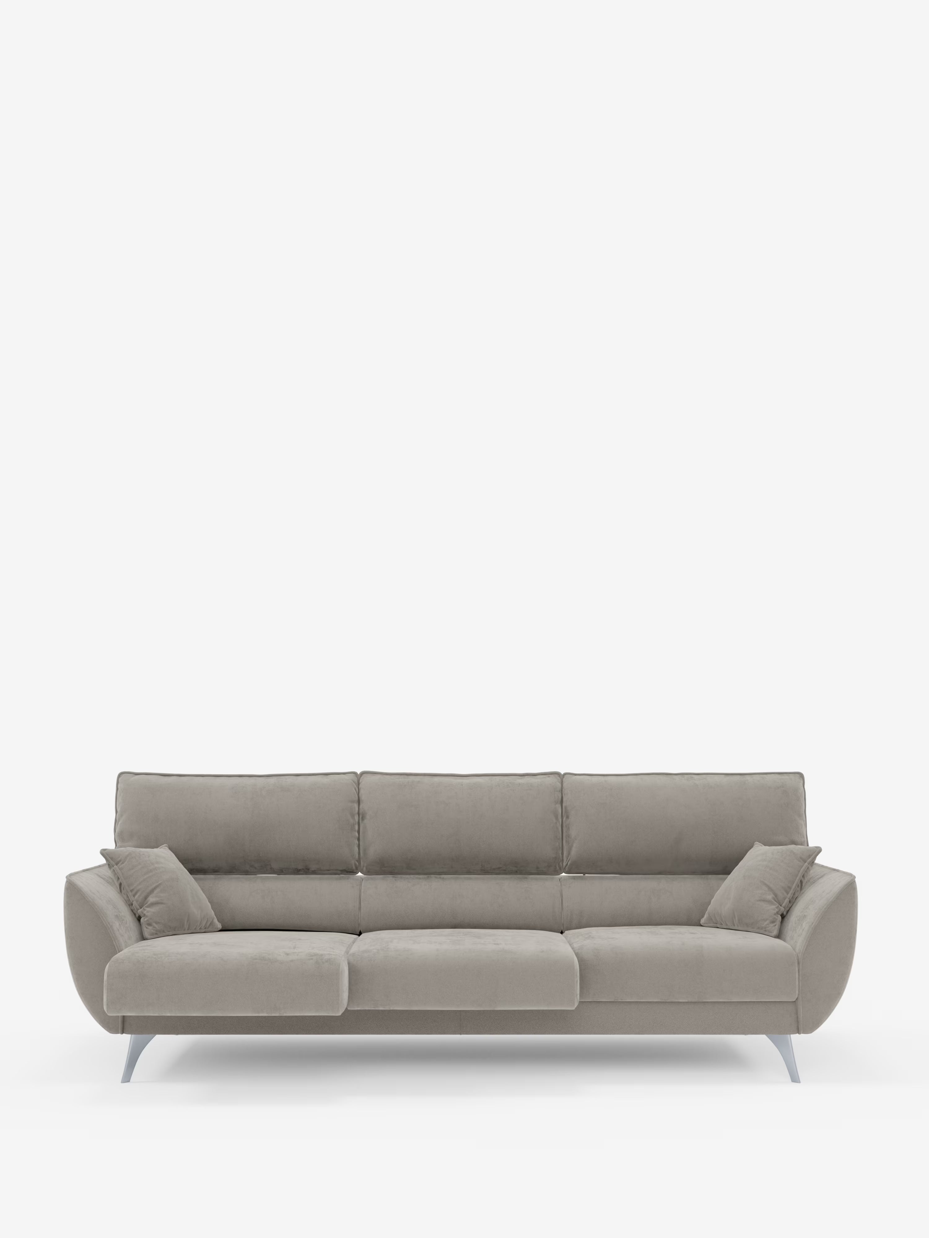 Il divano Michelangelo 4 Posti di Divani.Store è un divano moderno rivestito in un elegante tessuto vellutino grigio chiaro antimacchia (T30), tre cuscini di seduta con sedute estensibili per un comfort personalizzabile, tre cuscini dello schienale con poggiatesta reclinabili, ampi braccioli, gambe angolate in metallo e due cuscini decorativi abbinati, splendidamente messi in risalto su uno sfondo bianco a tinta unita.