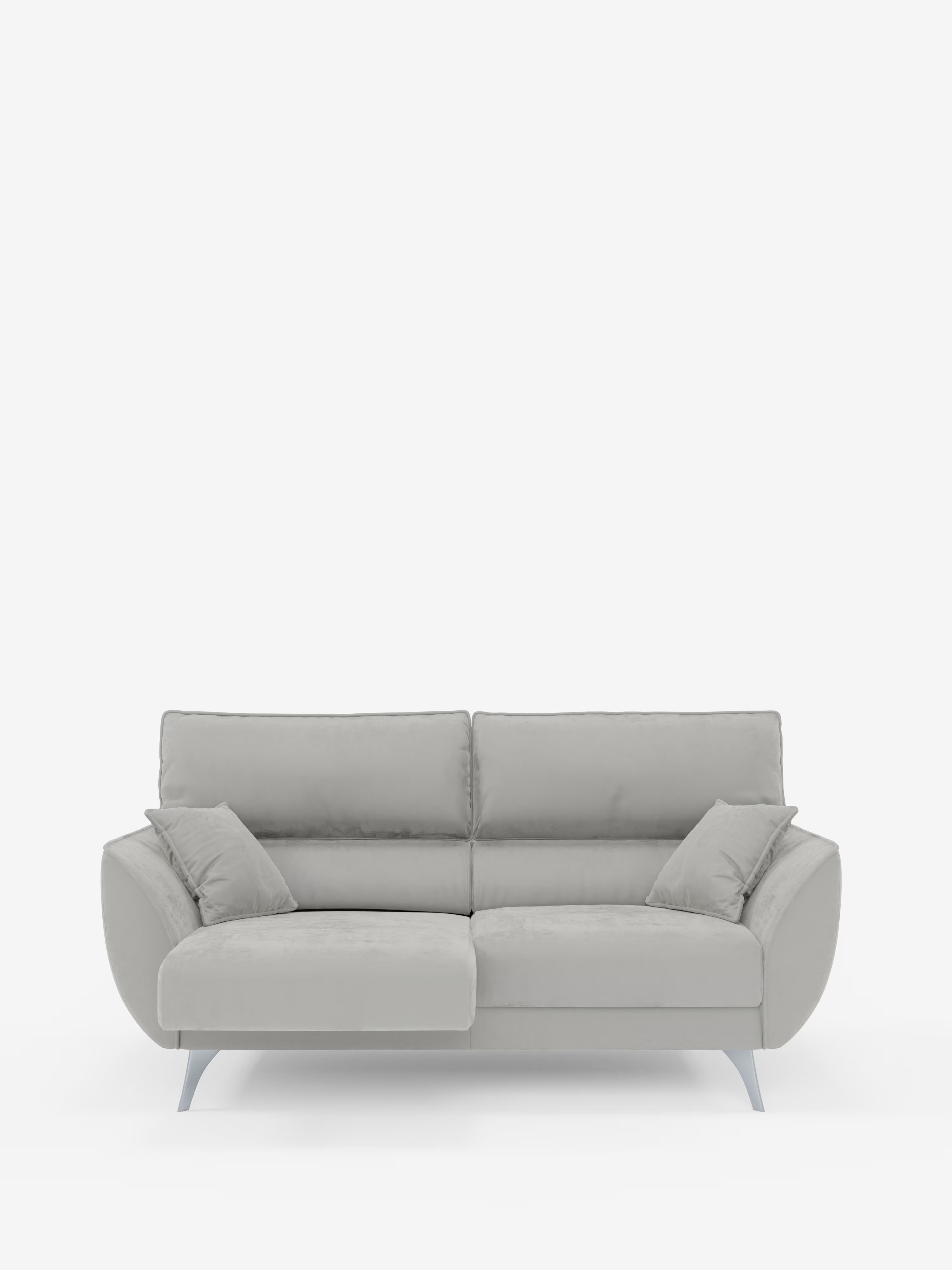 Vi presentiamo il divano Michelangelo a 2 e 3 posti con sedute allungabili e poggiatesta reclinabili in tessuto smacchiabile T30 di Divani.Store: un divano contemporaneo color grigio chiaro dotato di due cuscini di seduta allungabili, due ampi cuscini dello schienale e due cuscini decorativi abbinati. Questo divano moderno è caratterizzato da braccioli leggermente angolati e poggia su sottili gambe argentate, che risaltano sullo sfondo bianco a tinta unita.