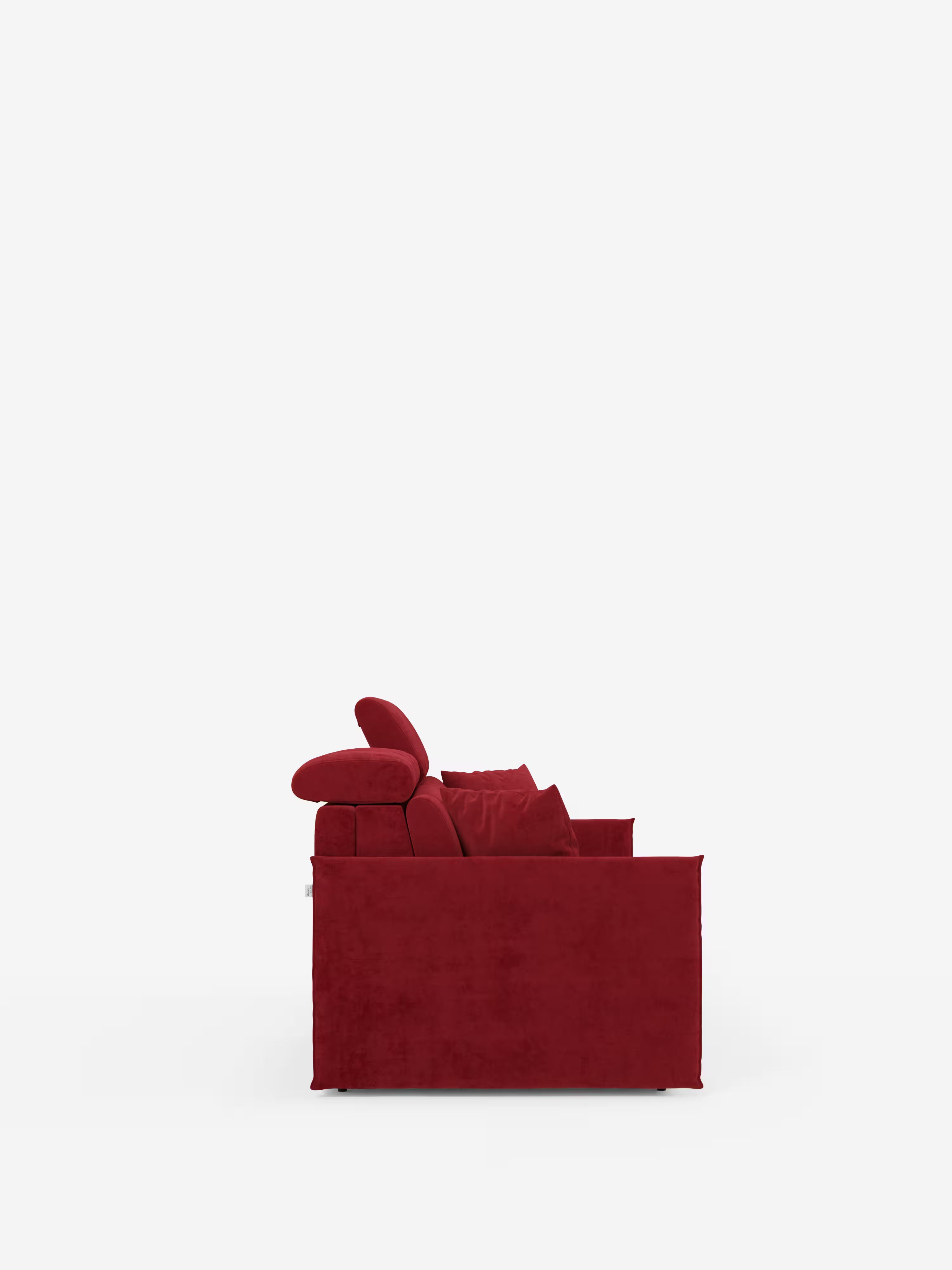 Vista laterale del divano letto Miryam con poggiatesta reclinabili e comfort maxi di Divani.Store, caratterizzato da un design compatto e rivestito in tessuto T31, resistente alle macchie e sfoderabile. Questo divano moderno presenta due morbidi cuscini dello schienale, eleganti braccioli rettangolari e poggiatesta regolabili. Con il suo morbido rivestimento e lo stile minimalista contemporaneo, offre eleganza e praticità per qualsiasi ambiente.
