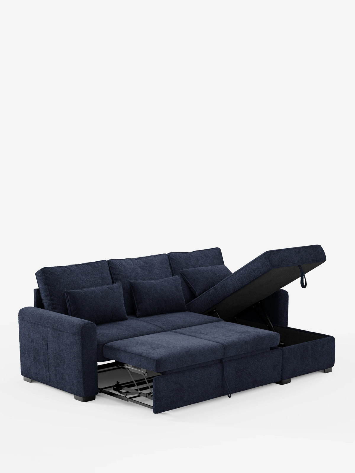 Un divano letto Ottaviano con letto estraibile, penisola reversibile e contenitore in tessuto materico smacchiabile di colore blu scuro su sfondo bianco, raffigurato con il vano contenitore aperto e il letto estraibile parzialmente esteso.