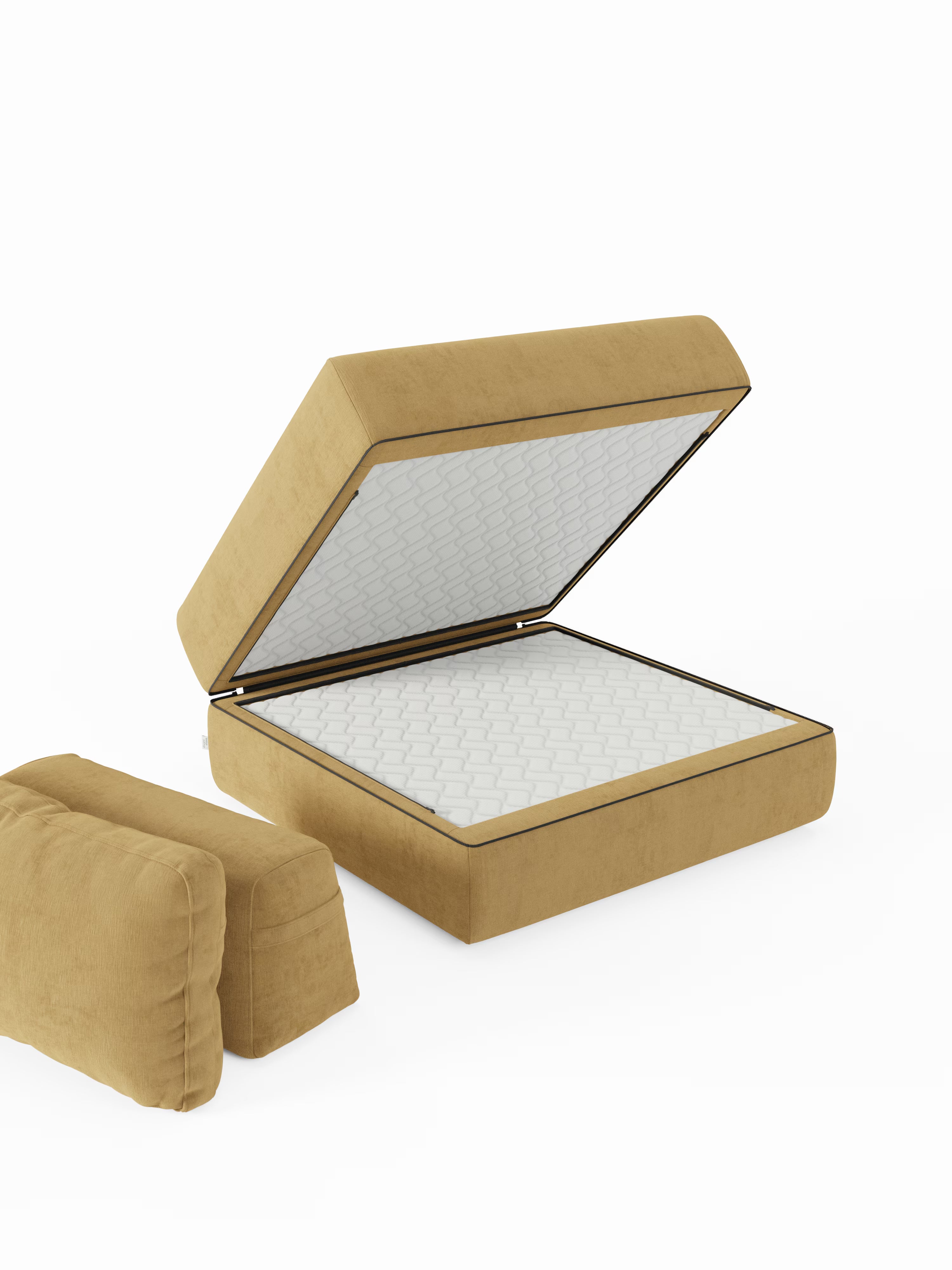 La poltrona letto Rift di Divani.Store, dotata di un materasso in memory foam alto 22 cm e di uno schienale mobile rivestito in tessuto T31 resistente alle macchie, si apre per rivelare il suo vano contenitore trapuntato bianco. Il materasso si solleva verso l’alto grazie a un meccanismo a cerniera ispirato ai modelli classici di poltrona letto, per una maggiore praticità. Due cuscini coordinati color cuoio poggiano sul pavimento accanto al letto, il tutto su uno sfondo bianco a tinta unita.