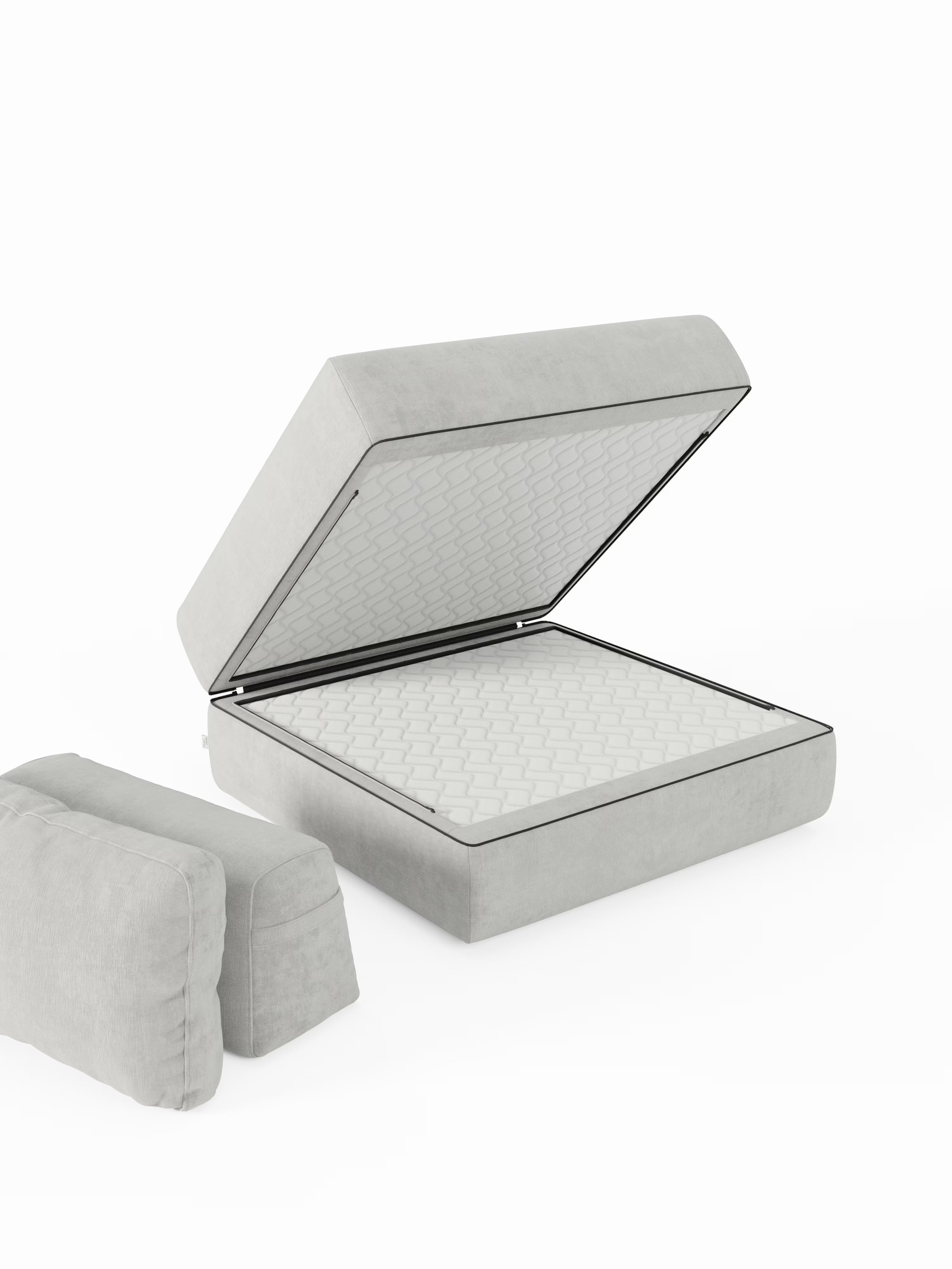 La poltrona letto Rift di Divani.Store, dal design moderno e minimalista, è qui presentata con rivestimento grigio chiaro e dotata di un materasso in memory foam alto 22 cm. La struttura rialzata del letto rivela un ampio vano contenitore sottostante, mentre lo schienale mobile e un cuscino rimovibile — entrambi in tessuto T31 facile da pulire — sono posizionati accanto al letto. Sullo sfondo bianco, il divano letto mette in risalto sia lo stile che la funzionalità.